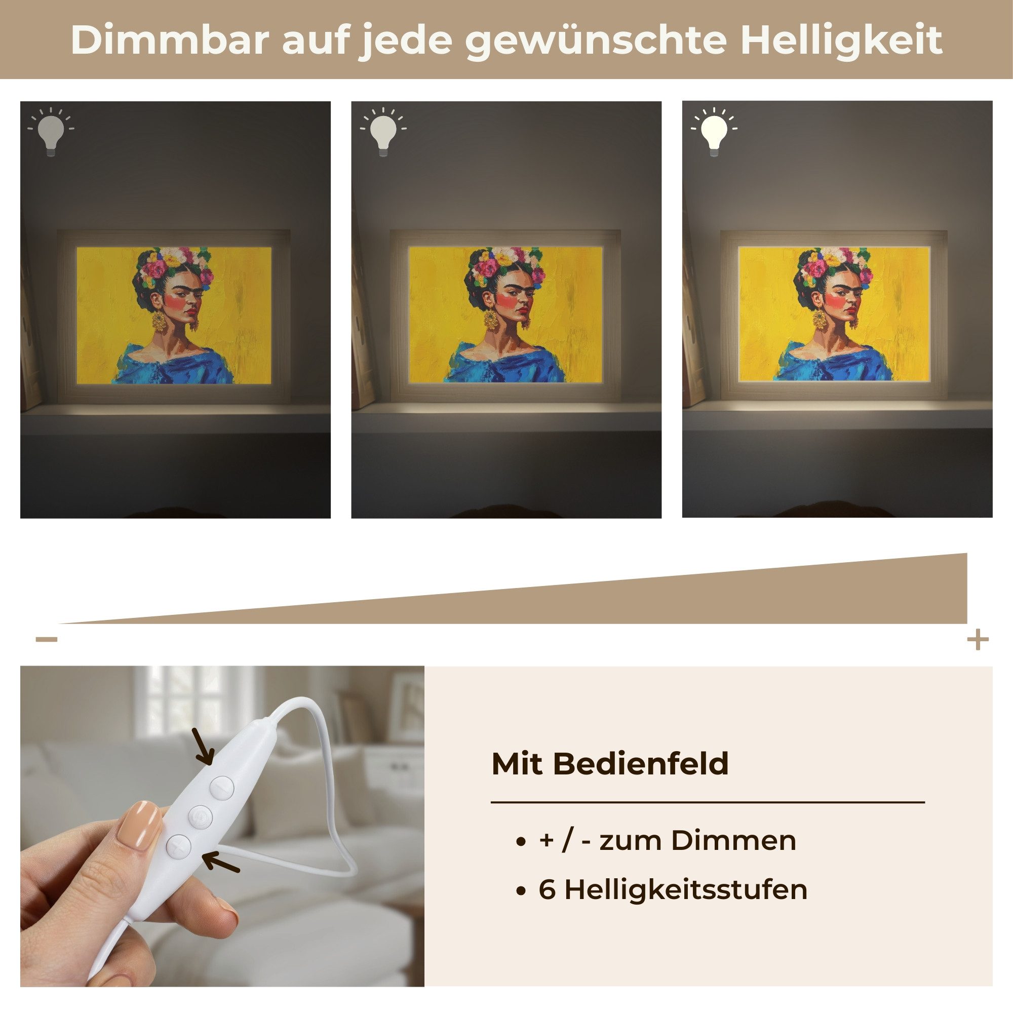 OnlyWow Wandleuchte Lightbox Frida Kahlo - Frau - Gelb - Blau - Blumen, Dimmbar, Farbwechsel, LED, Warmweiß, Kaltweiß, Neutralweiß Einstellbar, Wandlampe Innen, – Bild 3 von 5