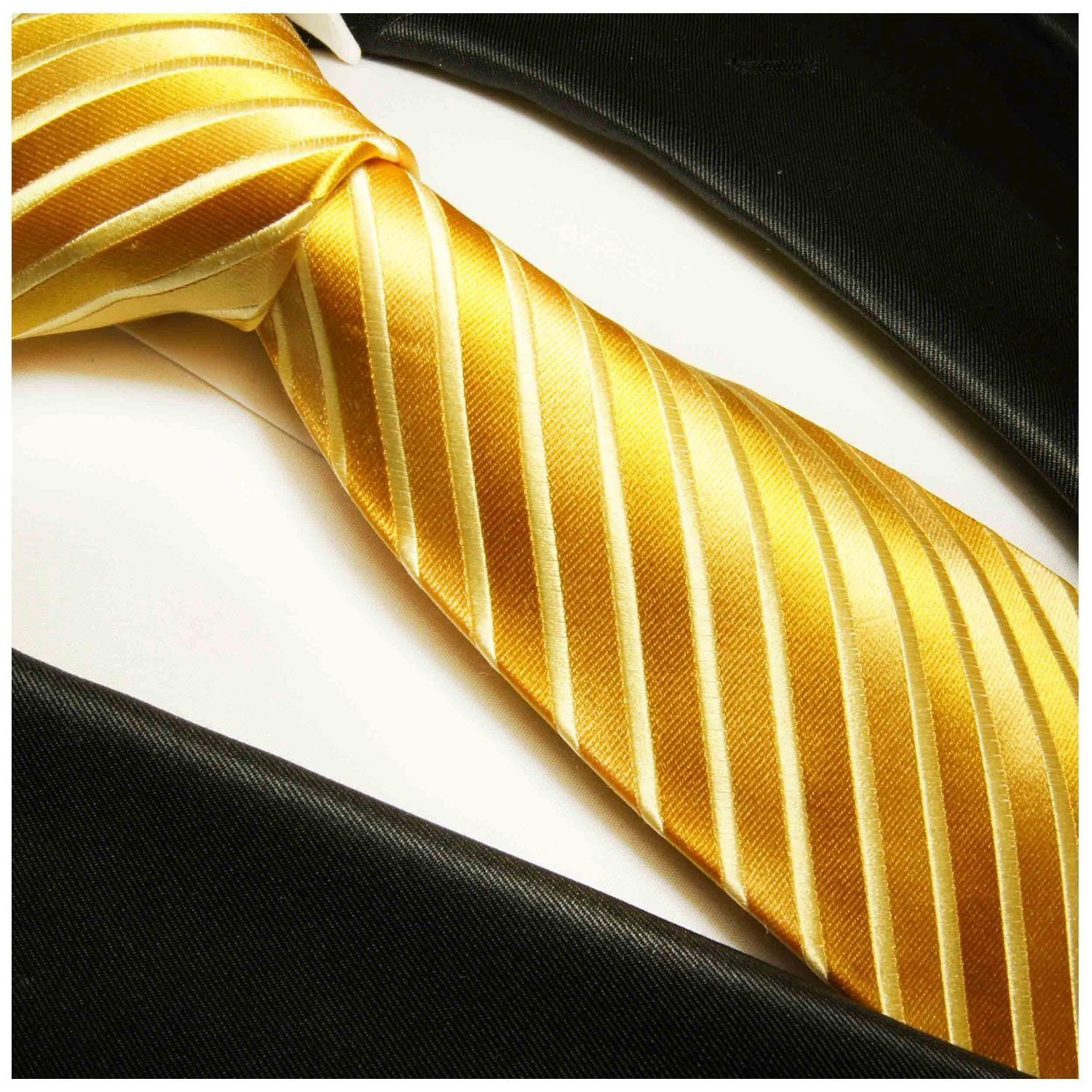 Seidenkrawatte gold Krawatte 953 Krawatte und Breit Einstecktuch) Herren (8cm), (Set, 100% Tuch 2-St., Malone mit gestreift Paul Seide