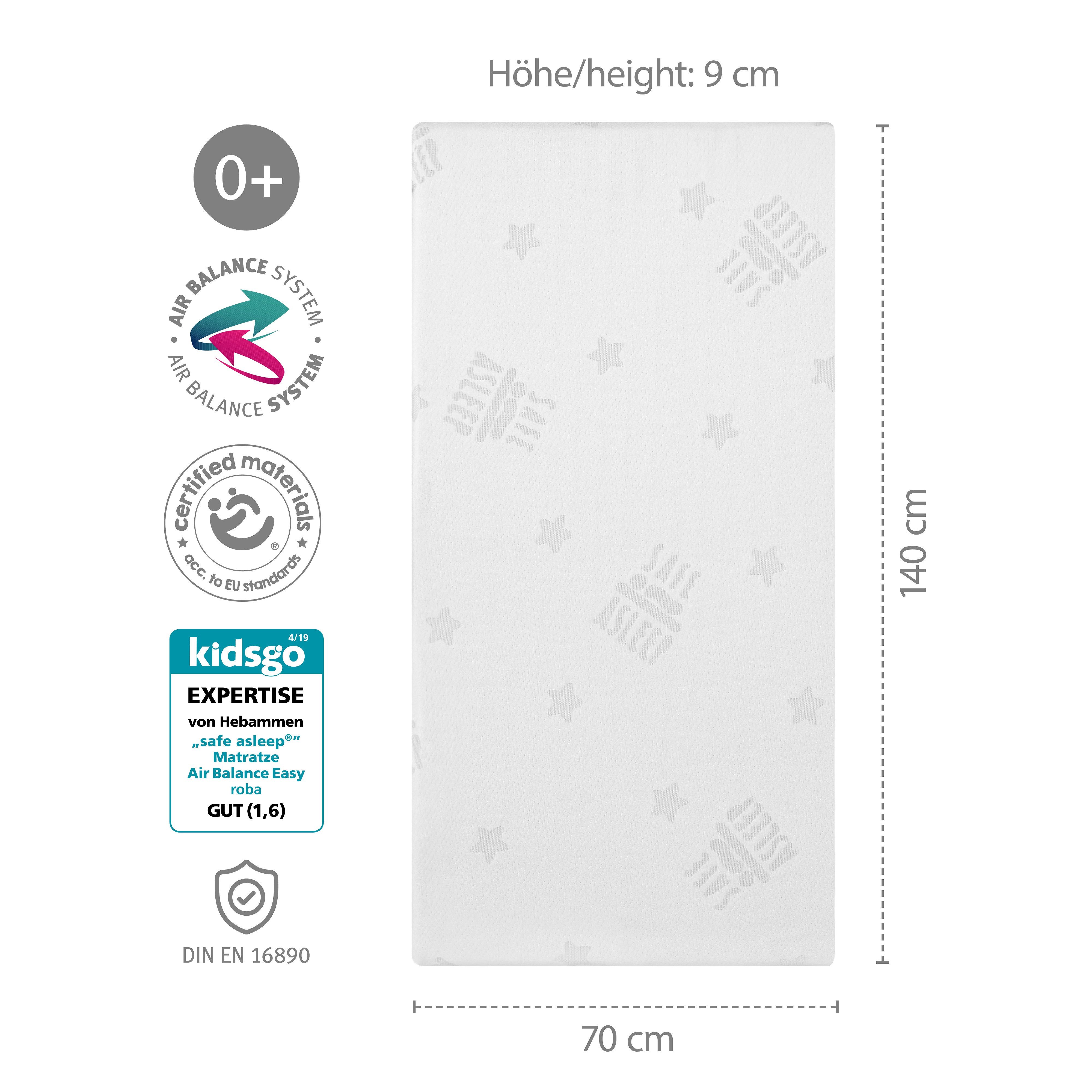Babymatratze safe asleep® - Comfort Air Roll - für Babys, Kleinkinder & Kinder, roba®, 9 cm hoch, (atmungsaktiv - verhindert Wärme und Feuchtigkeitsstau, erhältlich in 3 Größen: 60x120, 70x140 oder 90x200 cm), mit hochwertigem Jacquard Bezug & gelochtem Matratzenkern