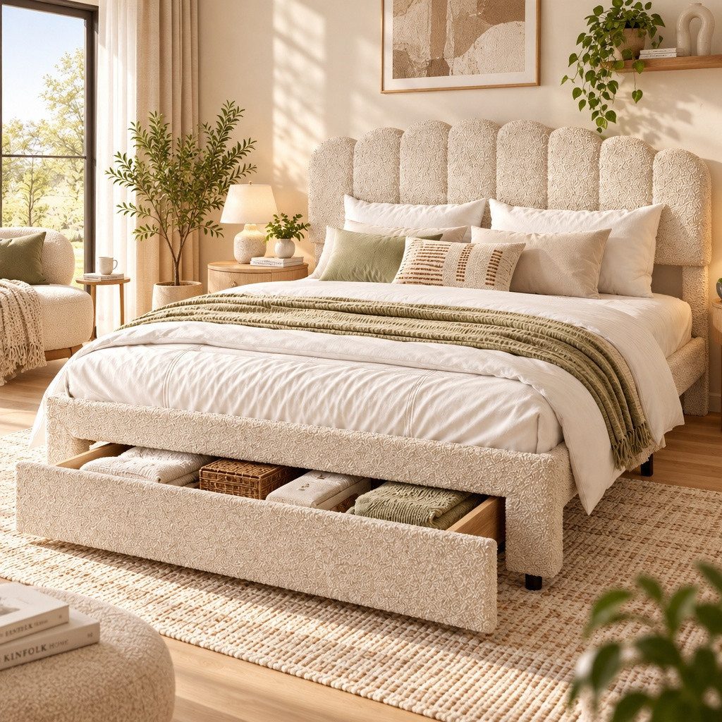 PXloue Polsterbett Doppelbett Stauraumbett (höhenverstellbarem Kopfteil), mit USB/Type-C Anschlüssen und Schublade, 160x200cm, Teddysamt