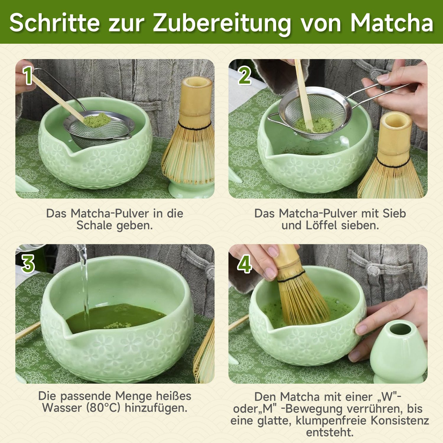 OSTWOLKE Teeservice Matcha Set 7-Teiliges Keramik, Bambusbesen, Schale & Zubehör, Matcha Tee Set für Matcha-Liebhaber – Bild 5 von 5