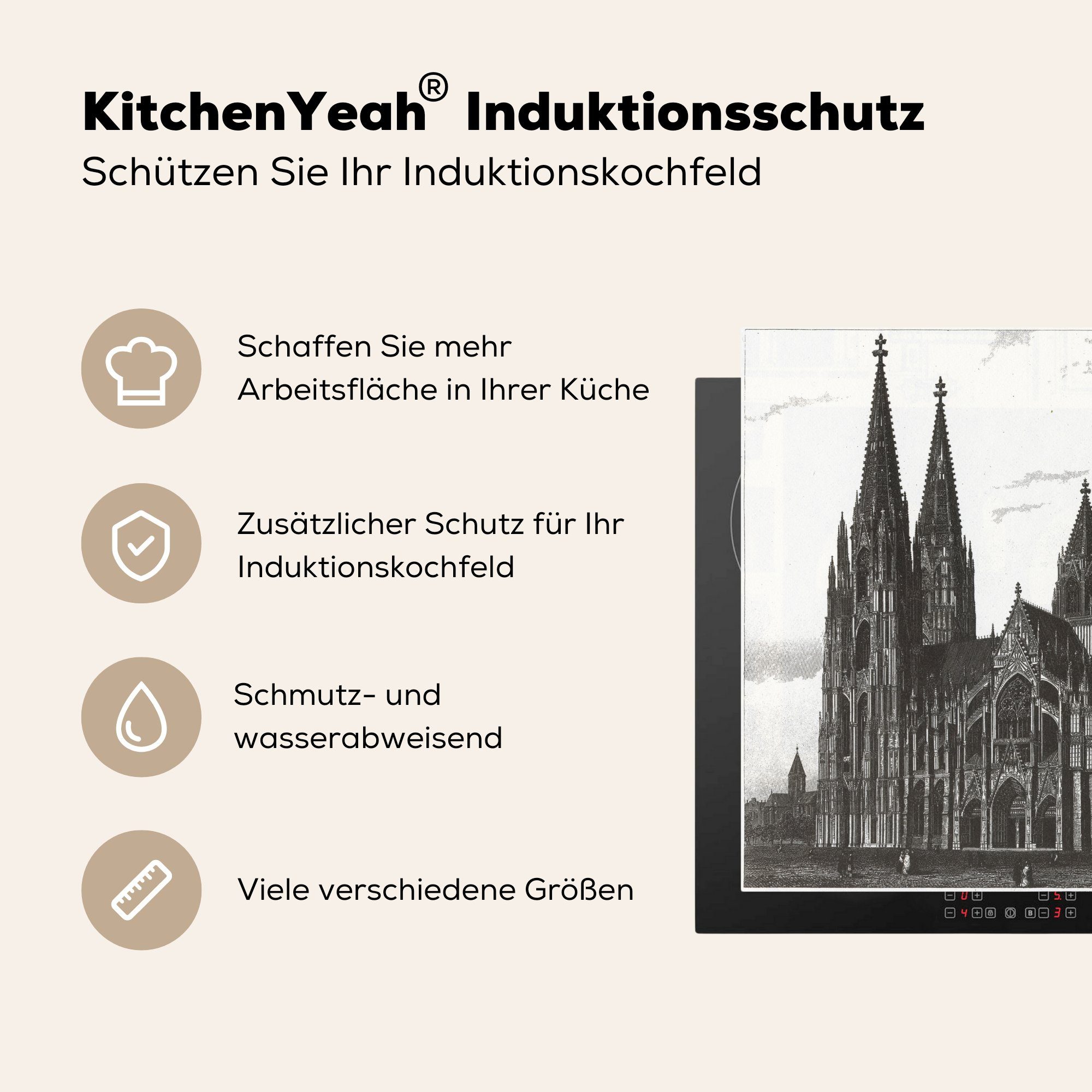 Ceranfeldabdeckung cm, 60x52 bewölkten Vinyl, mit (1 Kölner Mobile Illustration Doms einem MuchoWow Arbeitsfläche Eine Himmel, nutzbar, Herdblende-/Abdeckplatte tlg), des