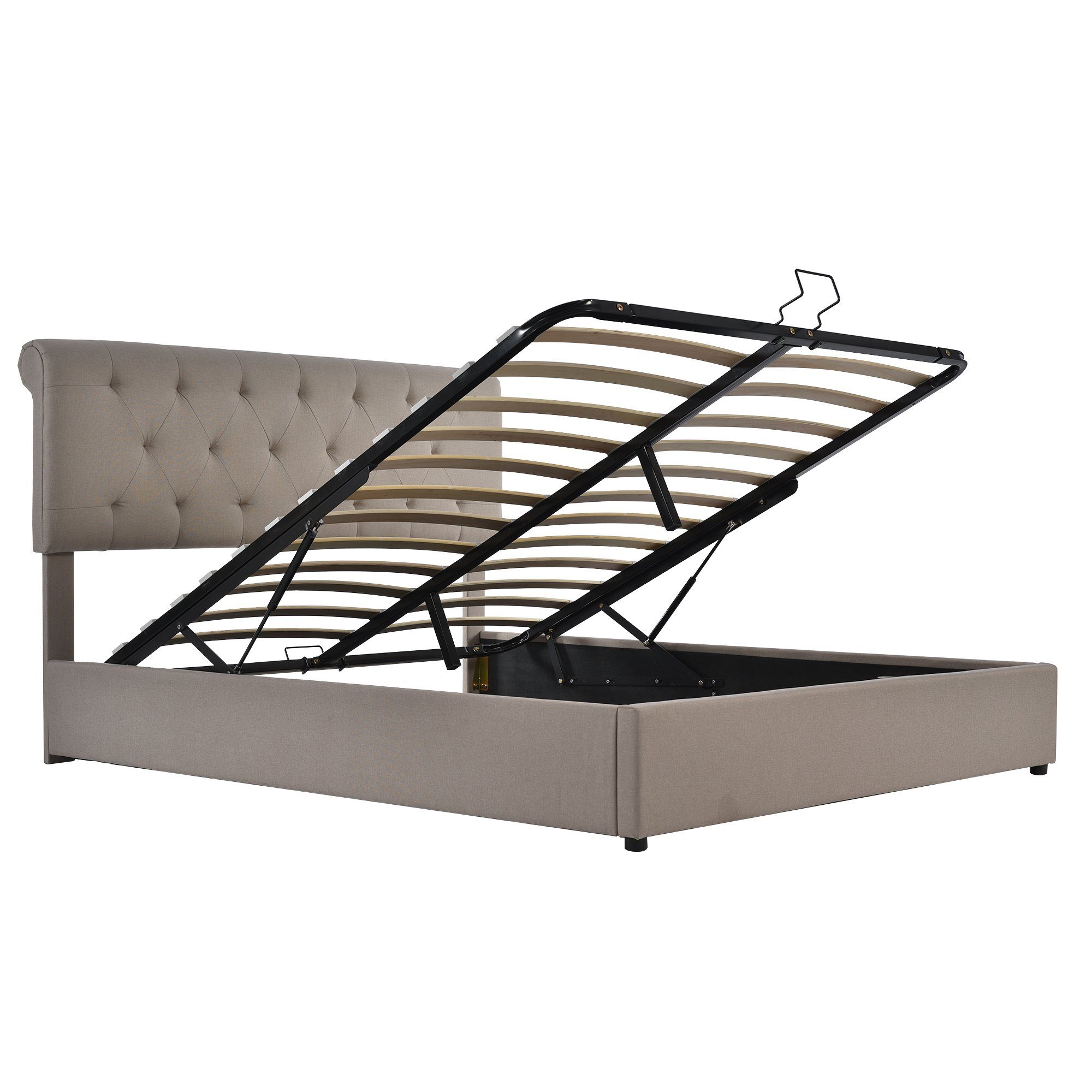 Boxspringbett (Polsterbett mit Lattenrost und Bettkasten, verstellbarem Kopfteil), 160x200 cm Hydraulisches Doppelbett, Bezug aus Leinen, Kiefernholz