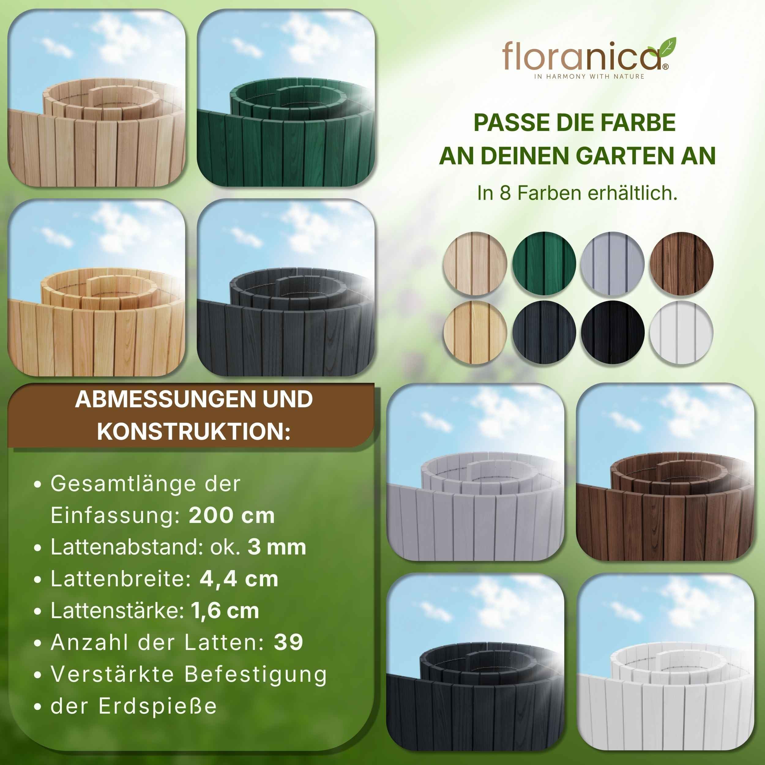 Floranica Palisade Rasenkante Flexible Beetumrandung Beeteinfassung Rollborder Gartenzaun, LxH: 200x10 cm, Unimprägniert, Holz Umzäunung für Blumenbeeten Gemüsebeeten Kräuterbeeten Rosen
