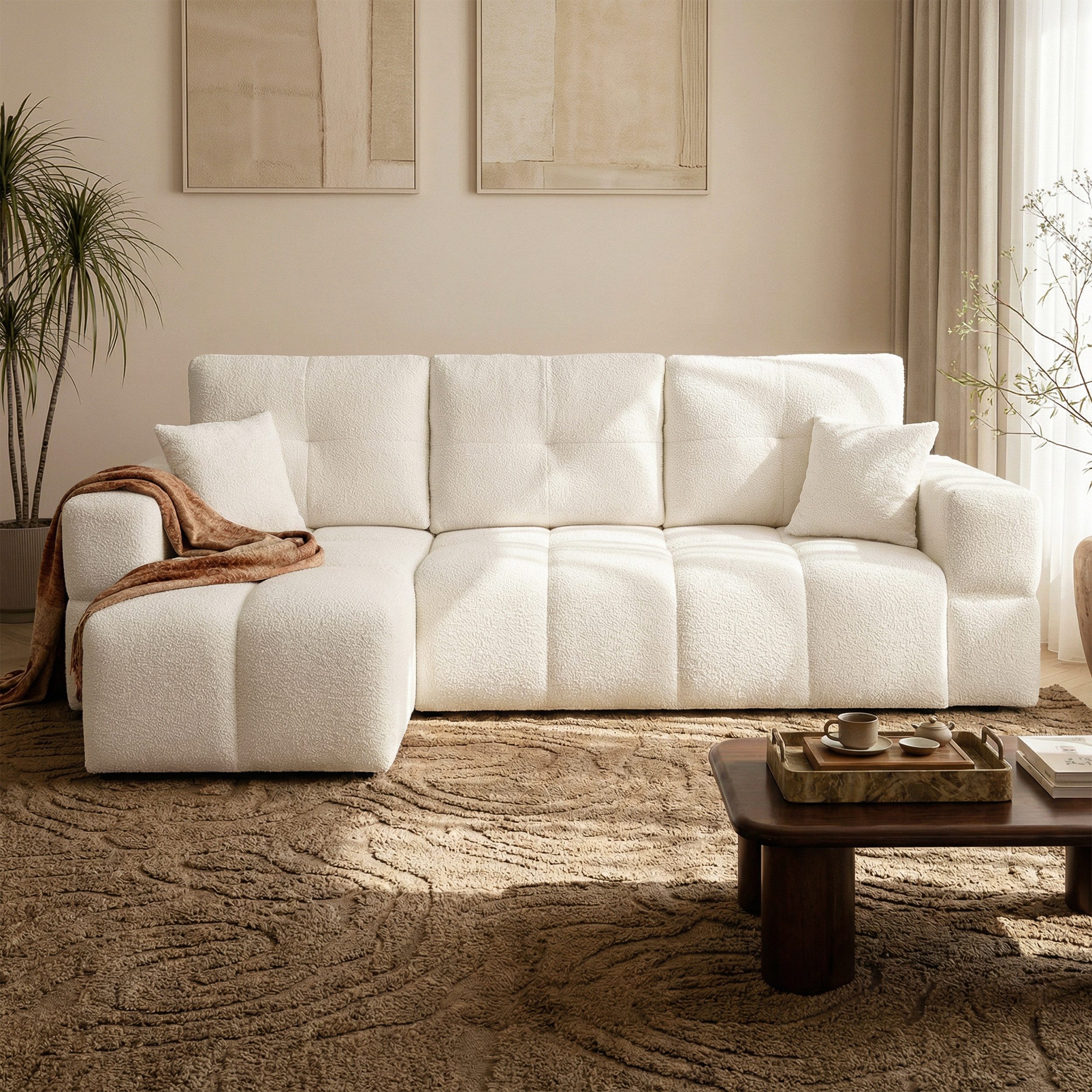 yourhouse24 Ecksofa BUENO im Glamour-Look 250 cm – Trend-Bouclé, mit Schlaffunktion, Seite universal