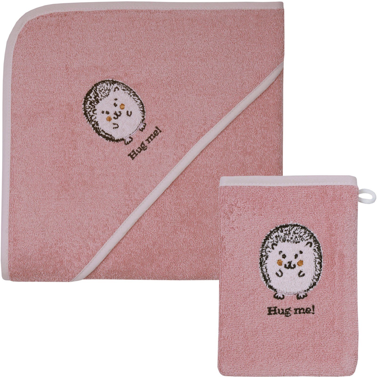 Wörner Handtuch Set Igel rosa Kapuzenbadetuch 100/100 mit Waschhandschuh, Frottier (Spar-Set, 2-St), mi süßer Igelstickerei