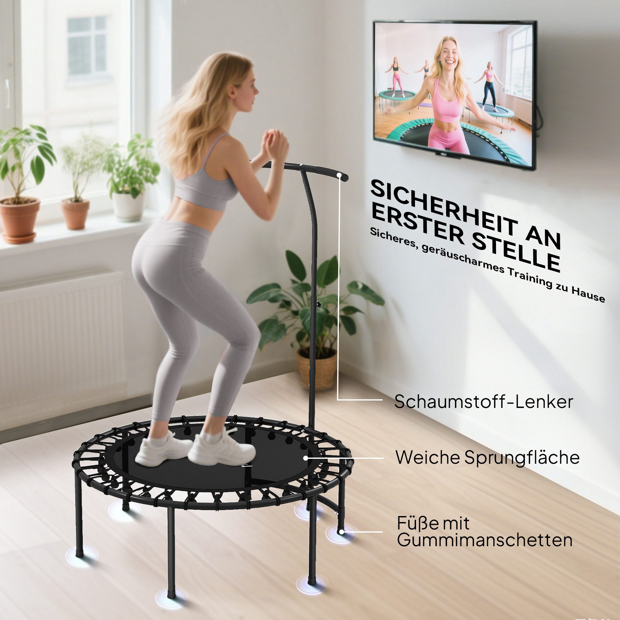 SPORTNOW Trampolín Fitness Plegable De 128 Cm Con Barra Ajustable En 5 Alturas – Ideal Para Ejercicio En Casa Y Exteriores