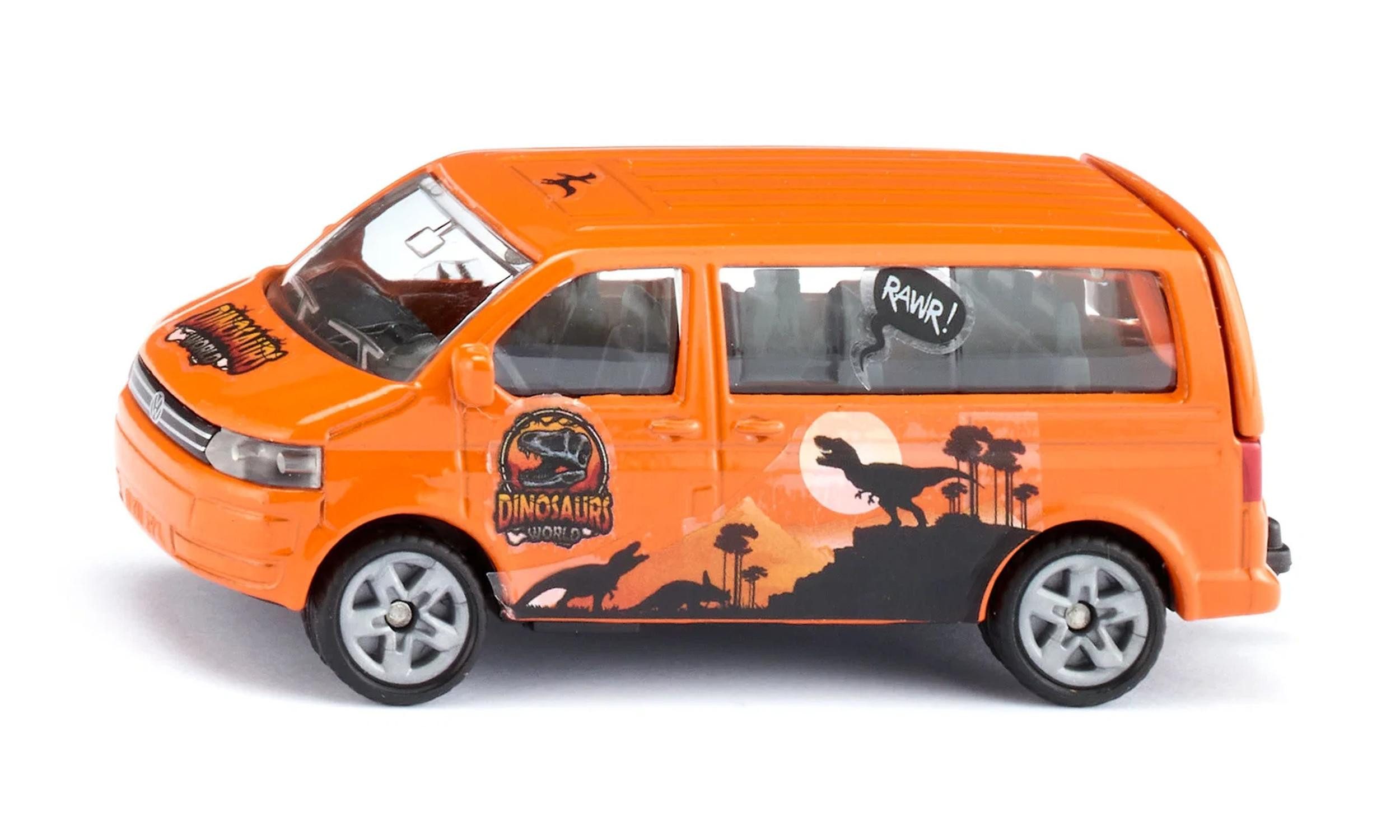 Siku Spielzeug-Auto Multivan Modellfahrzeug mit Dino-Stickern zum Gestalten, Anhängerkupplung, Heckklappe zum Öffnen, Stickerbogen