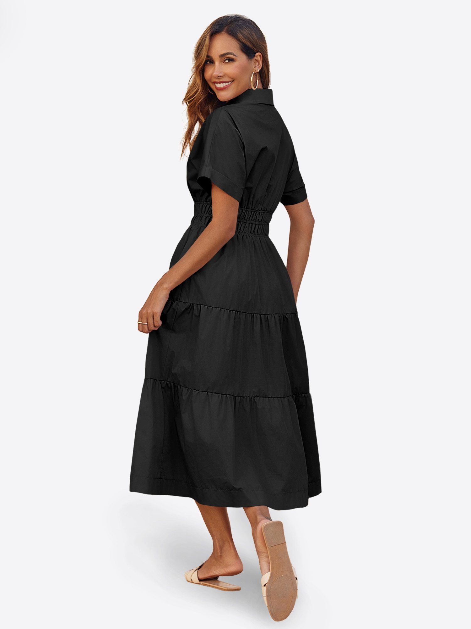 Imily Bela Maxikleid Damen Gerüschtes Fließendes Hemdkleid (Packung, 1-tlg., 1per-Pack) mit Taschen