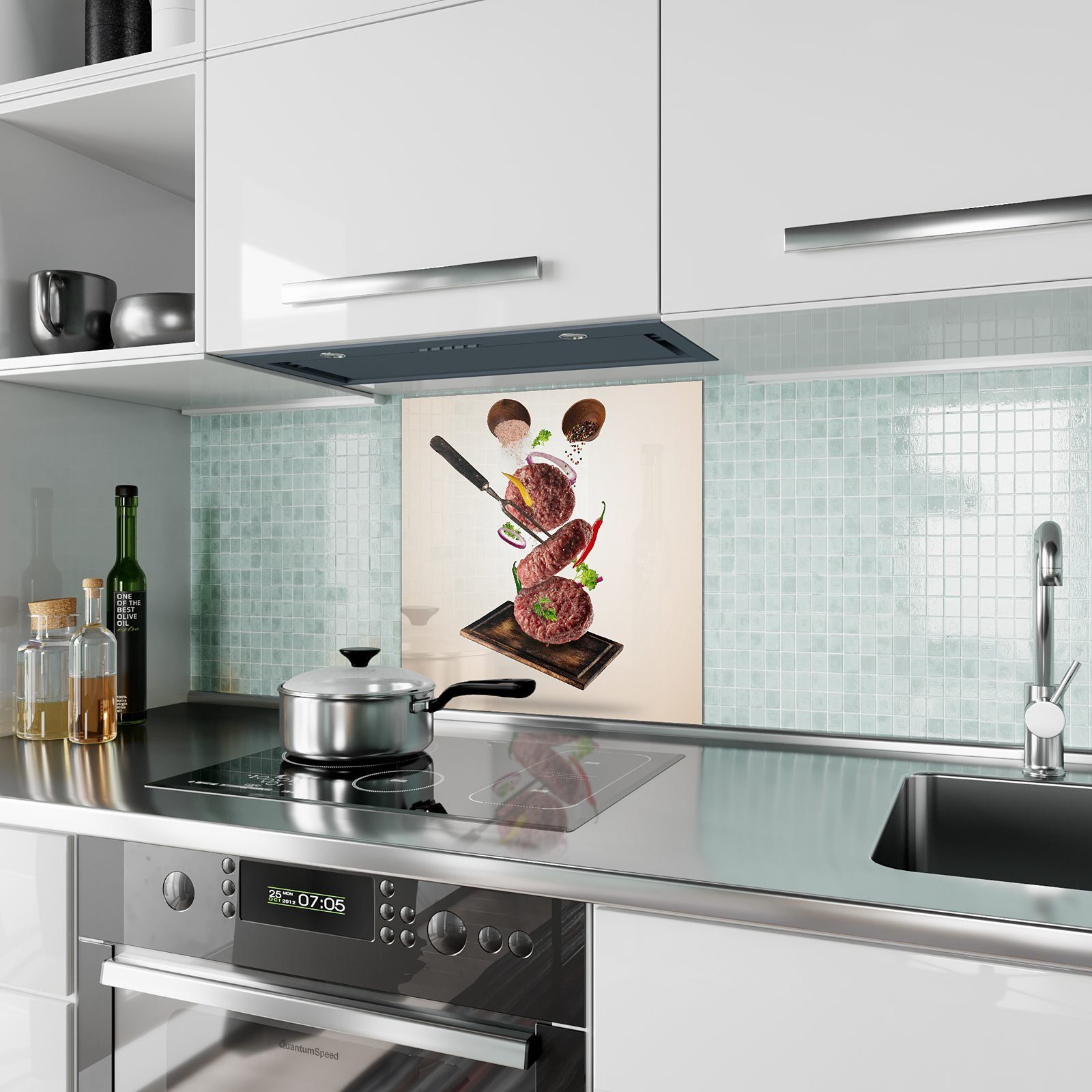 Spritzschutz Brett Motiv auf Primedeco Küchenrückwand Küchenrückwand Steak mit Glas