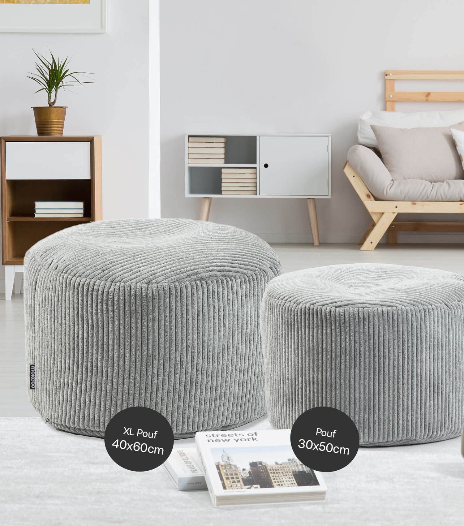 mokebo Pouf Der faule Lenz (aus Cordstoff), Sitzhocker, XL Bodenkissen, Fußhocker, Hocker, Sitzkissen in Grau