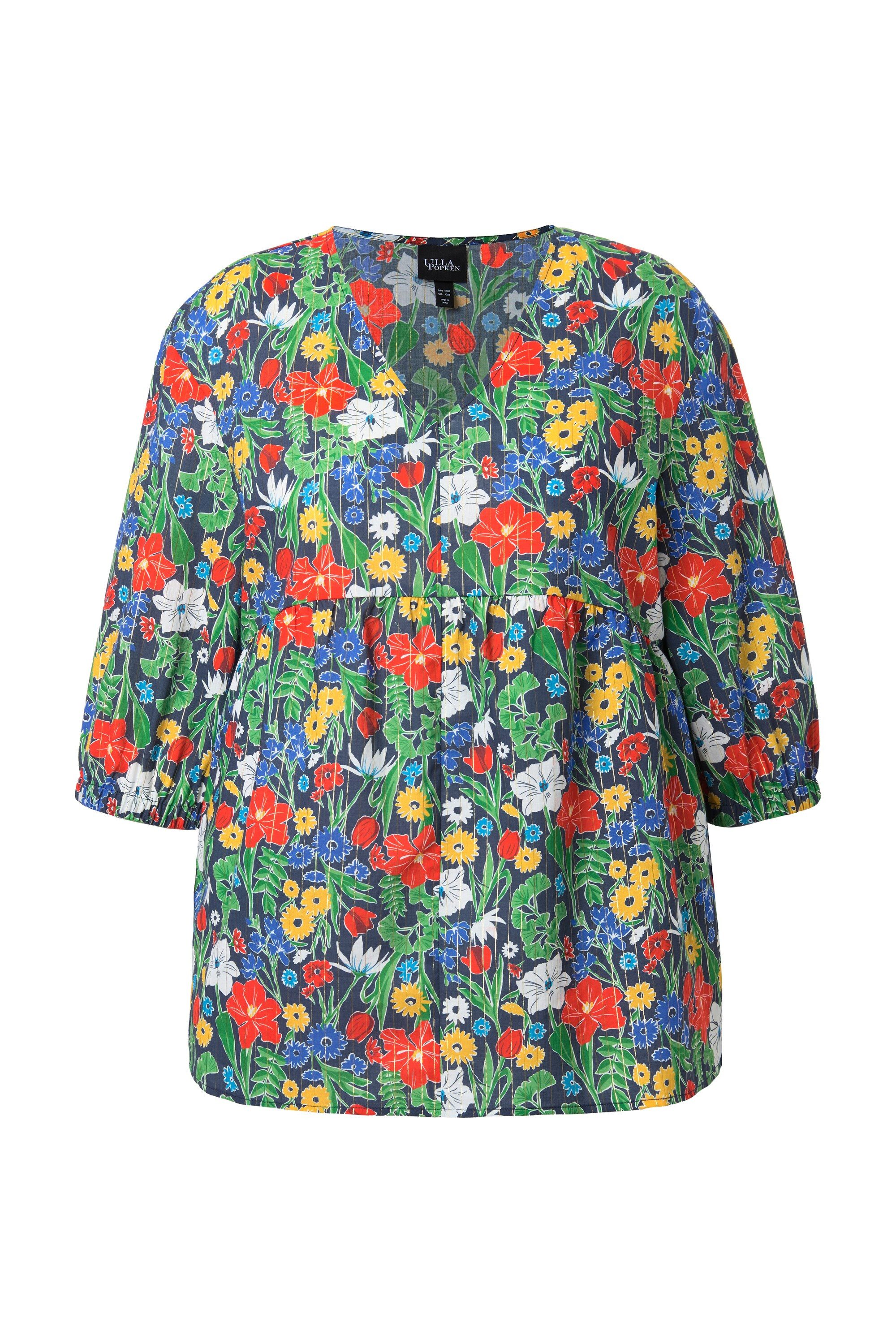 Ulla Popken Tunika Bluse Glitter Blüten A-Linie V-Ausschnitt 3/4-Arm günstig online kaufen