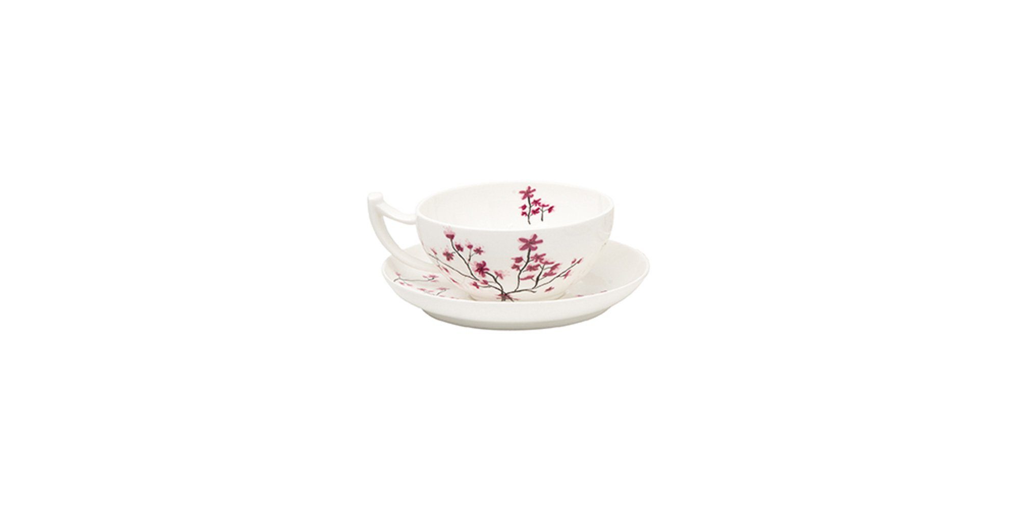 Dekomiro Tasse 4er Set Cherry Blossom Jumbotasse mit Untertasse, 4-tlg., Bone China Porzellan, Jumbotasse 350 cl