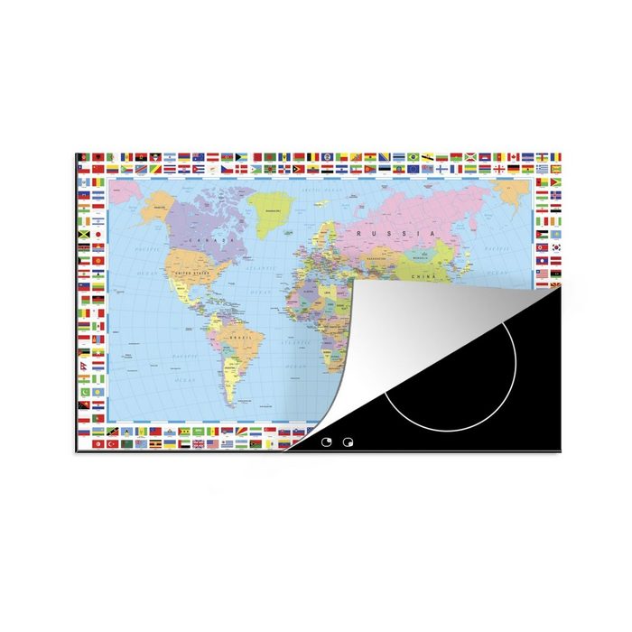 MuchoWow Herdblende-/Abdeckplatte Weltkarte - Flagge - Atlas Vinyl (1 tlg) Ceranfeldabdeckung Arbeitsplatte für küche