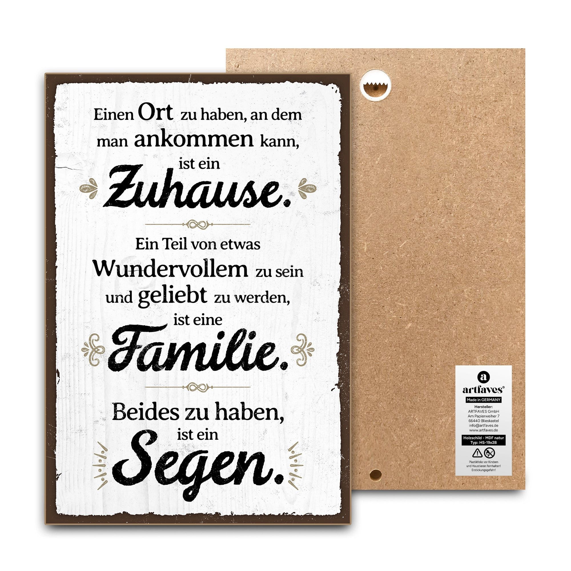 ARTFAVES Holzbild Schild mit Spruch - ZUHAUSE FAMILIE SEGEN - Familie, Zuhause
