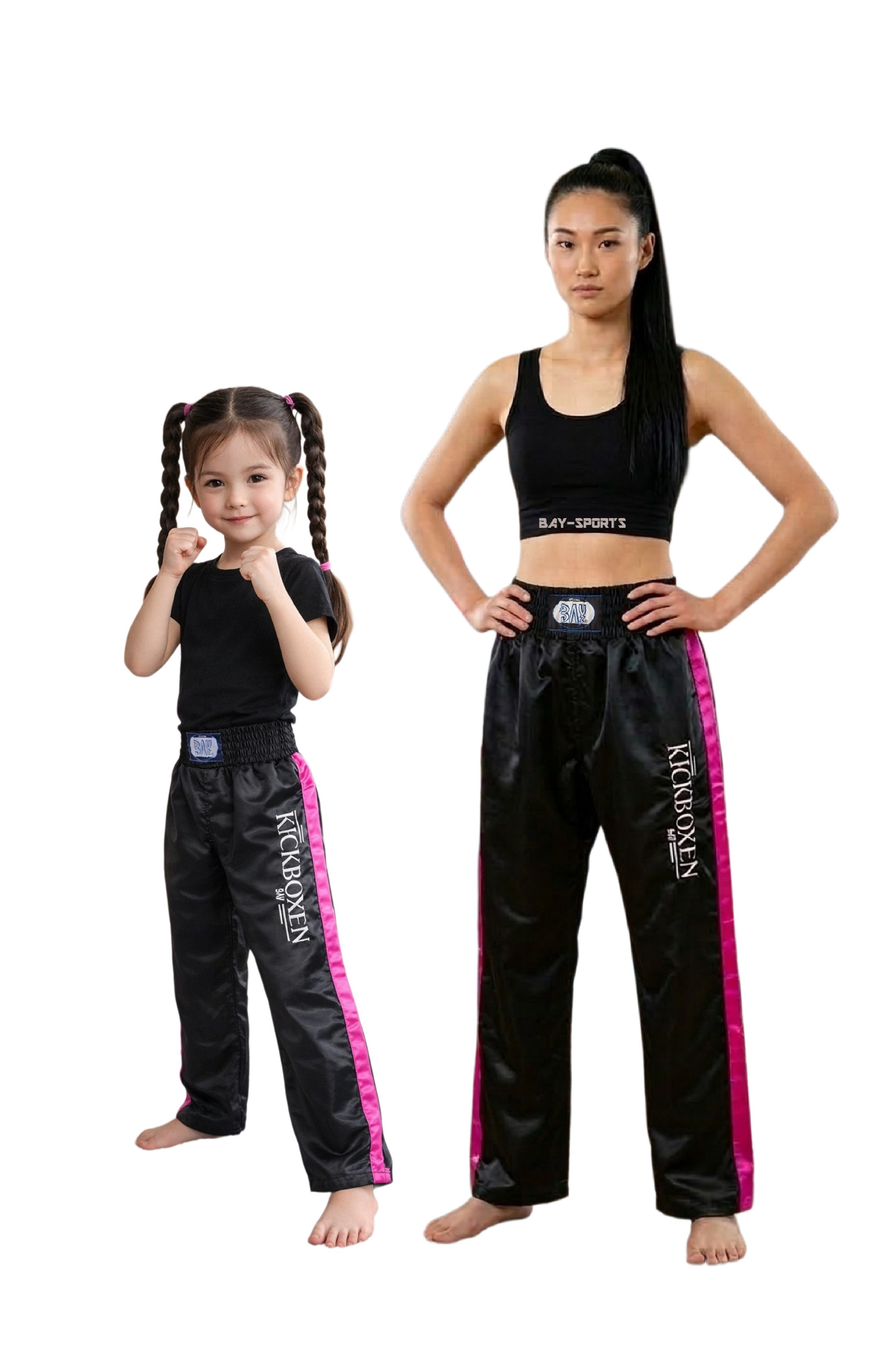 BAY-Sports Sporthose Kickboxhose EDEL STICK Hose lang Kickboxen Kampfsport Kampfsporthose für Kinder und Erwachsene, Schwarz/Pink