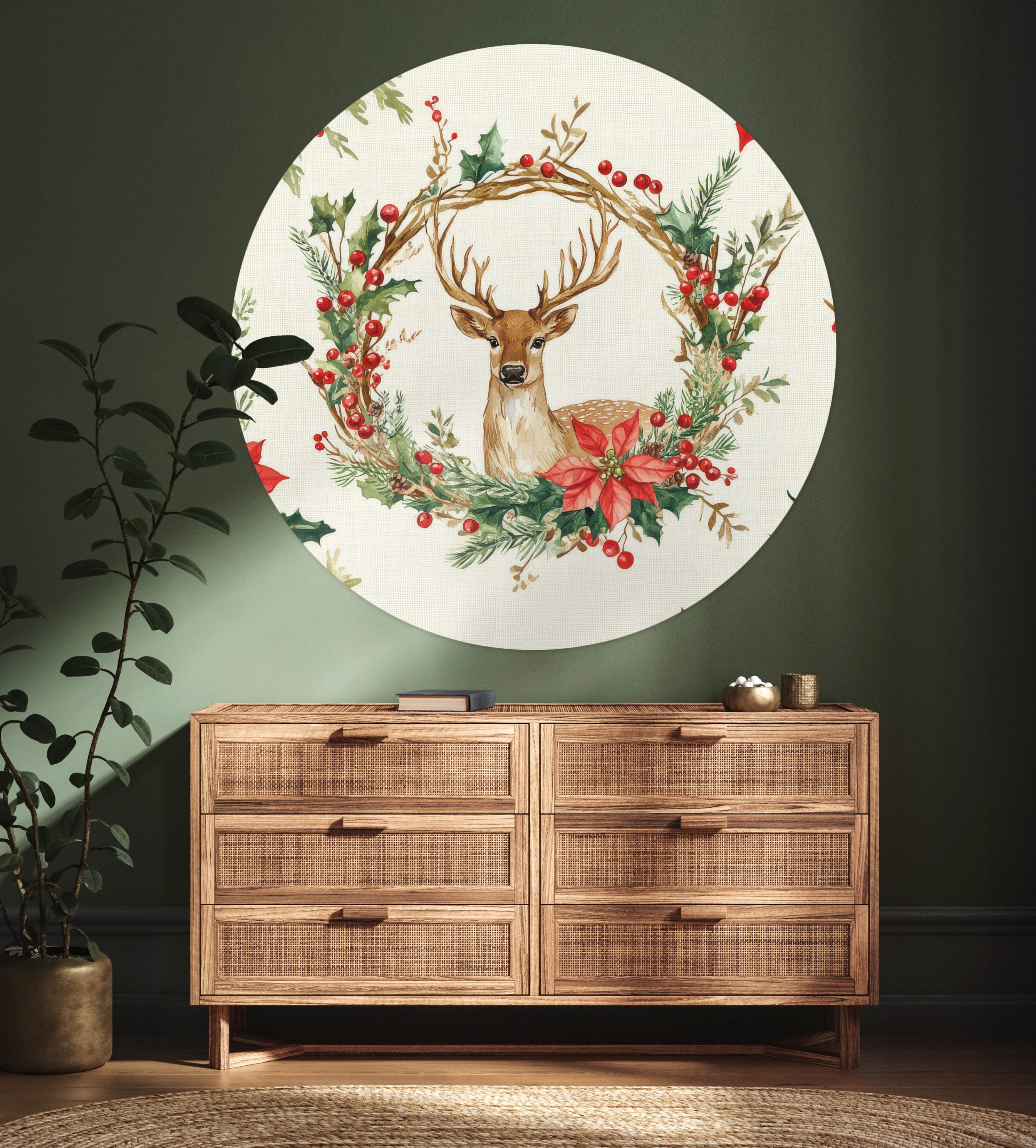 MuchoWow Wandsticker Weihnachtskranz - Hirsch - Stechpalme - Rot (1 St), Selbstklebende Runde Vliestapete, Wohnzimmer, 140x140 cm