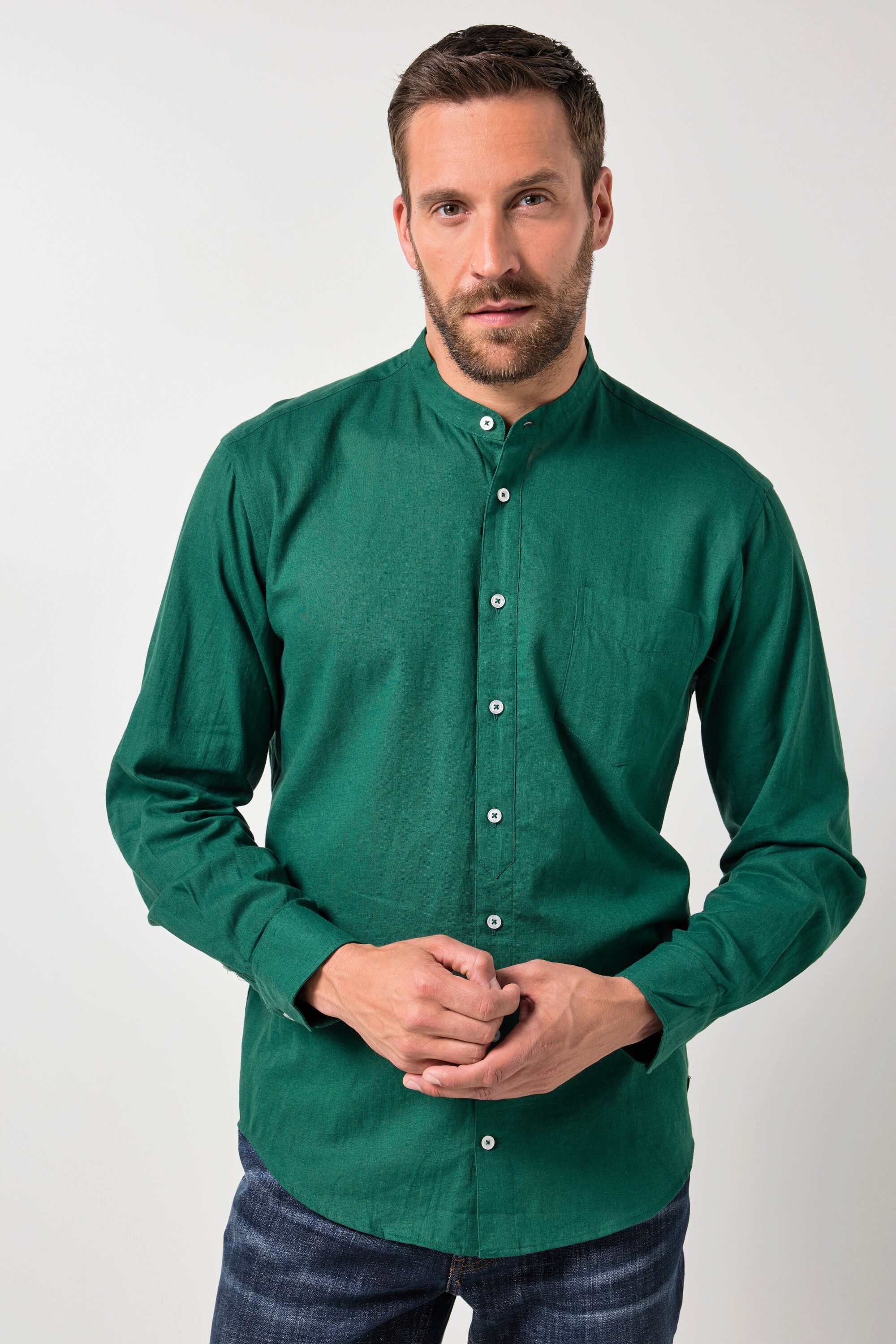 JP1880 Businesshemd Hemd Langarm Leinenmix Stehkragen Modern Fit