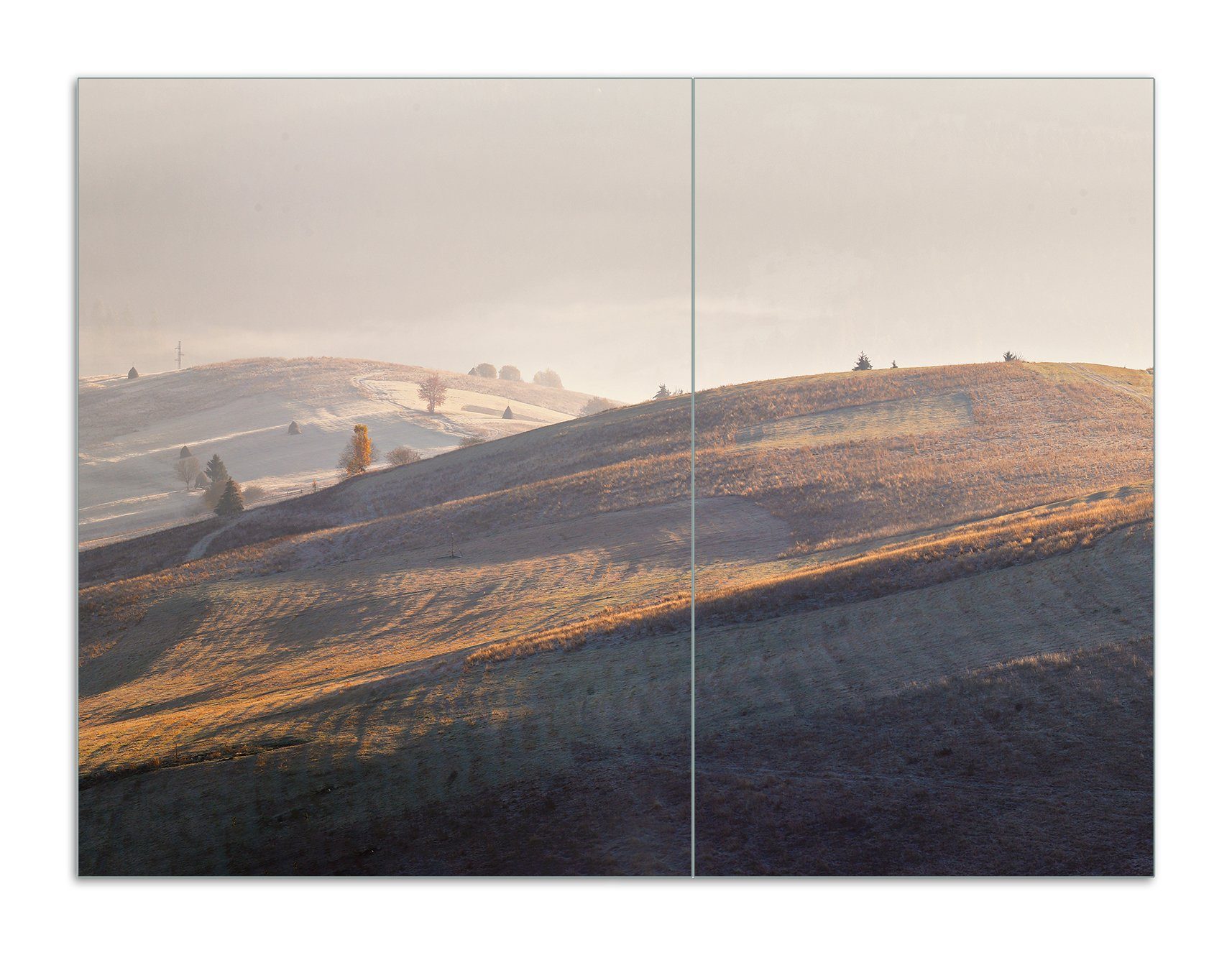 Wallario Herd-Abdeckplatte Herbstliche Felder (Glasplatte, Noppen), Größen inkl. 2 tlg., 5mm ESG-Sicherheitsglas, Sonnenaufgang, bei verschiedene