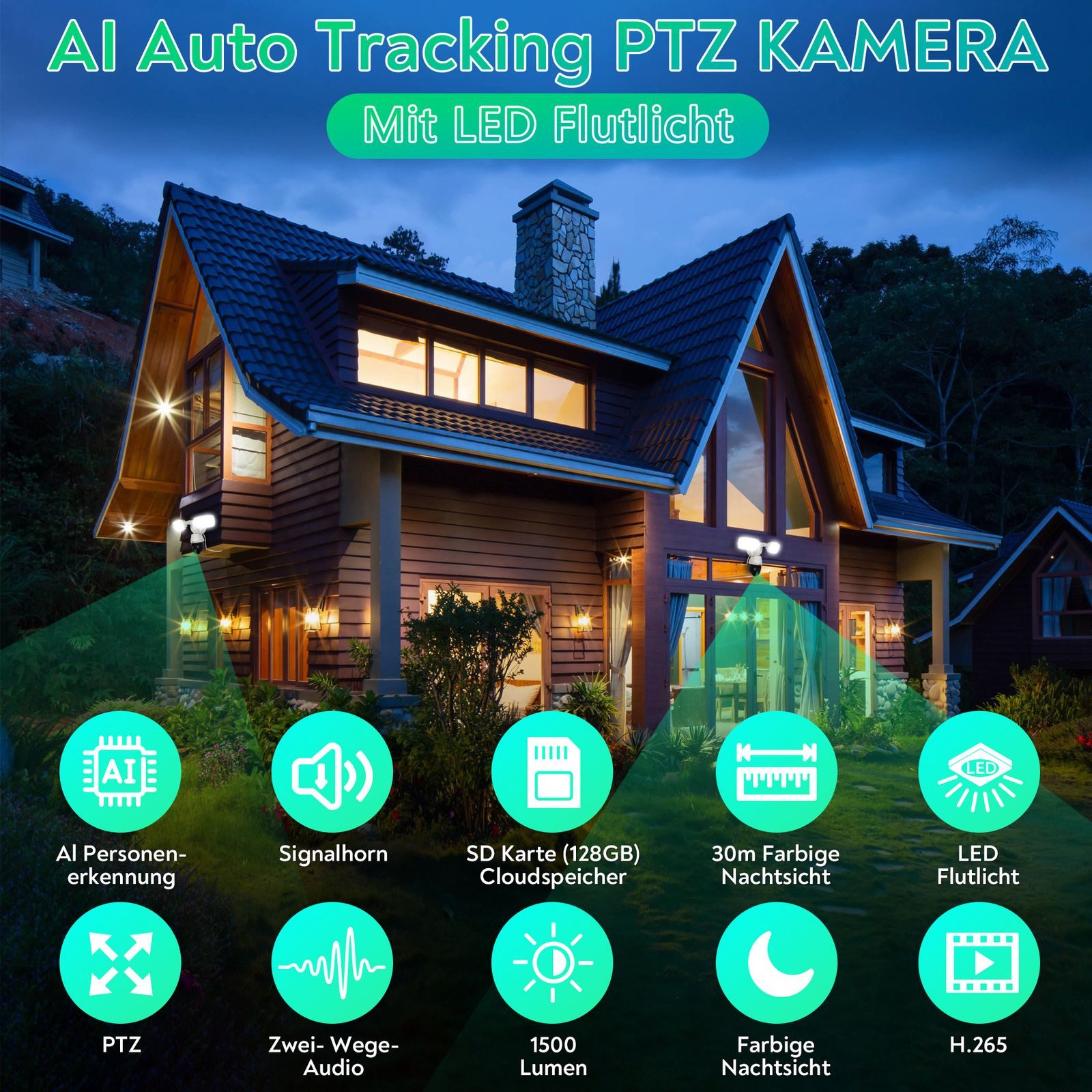 LUVISION Überwachungskamera LV-G-2040 (Außen- und Innenbereich, Flutlicht Lampe Kamera PTZ WLAN Überwachungskamera Bewegungsverfolgung, LED Leuchte, PTZ, AI Autotracking, Bewegungsmelder, Außenleuchte)