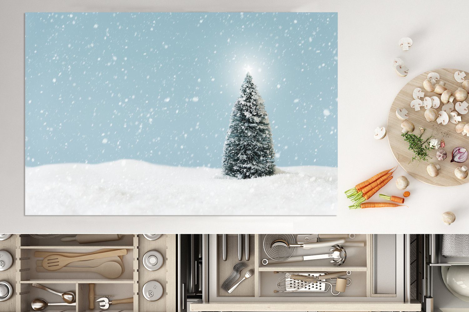 Weihnachtsbaum einem und (1 Schutz Herdblende-/Abdeckplatte für Vinyl, einer die tlg), Landschaft blauen, verschneiten küche, 81x52 in Ein cm, Induktionskochfeld MuchoWow Ceranfeldabdeckung