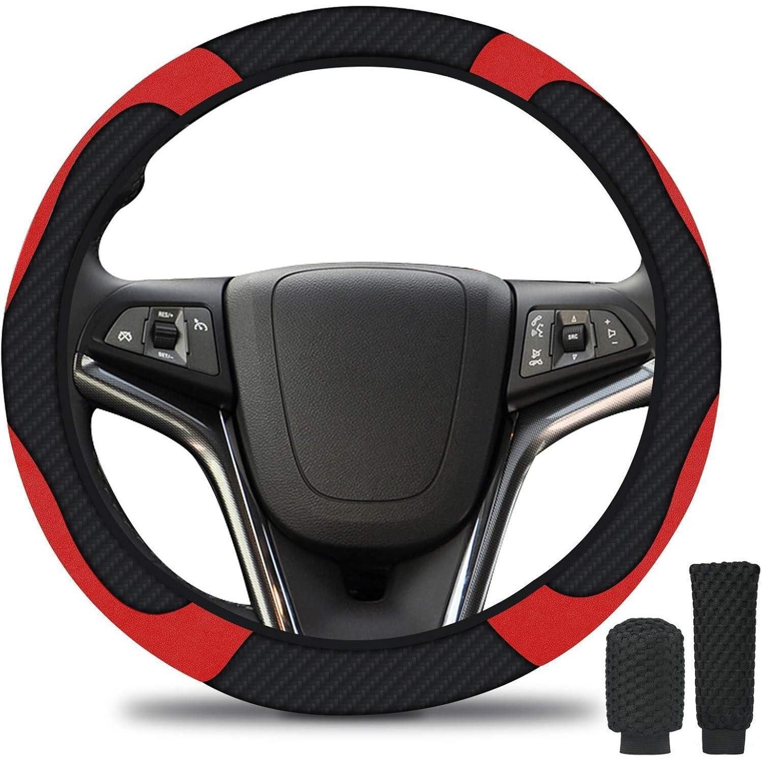 LuxusKollektion Lenkradbezug Lenkradabdeckung 3 Teiliges Set Echtes Leder 37-39cm Schwarz-Rot