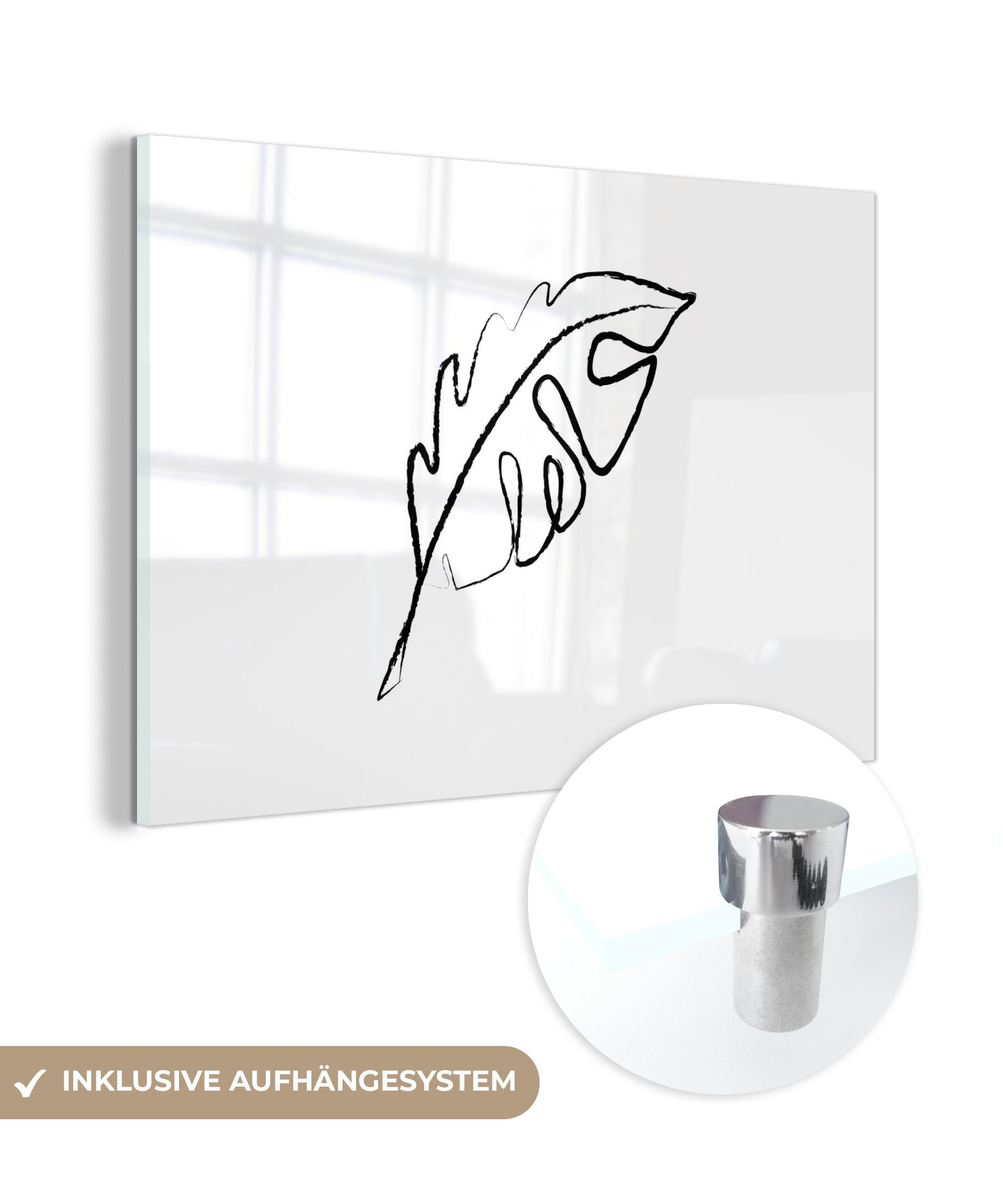 MuchoWow Acrylglasbild Blatt (1 Weiß, Wohnzimmer Strichzeichnung - Acrylglasbilder St), - & Schlafzimmer