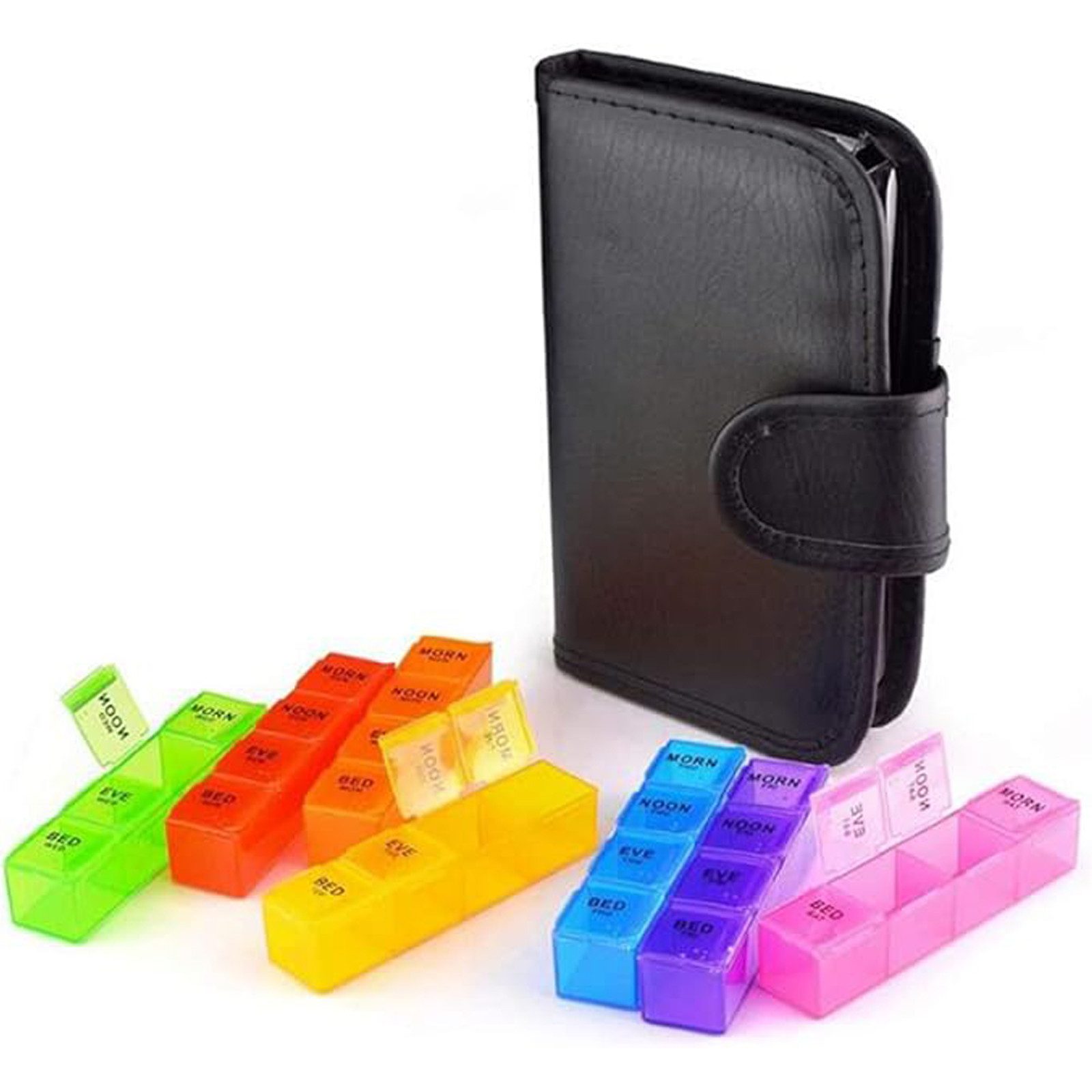 STILVORA Pillendose Tablettenbox 7 Tage Tablettendose tragbar Medikamentenbox 21 Fächer (Medikamente aufbewahren Kunstleder Tasche für Hand- oder Hosentasche, 1 St., Medikamentenbox Pillen-Organisator Bunt BPA-frei 7 Tage 28 Fächer), für Pillen Vitamin Fischöl für Morgens Mittags Abends Nachts