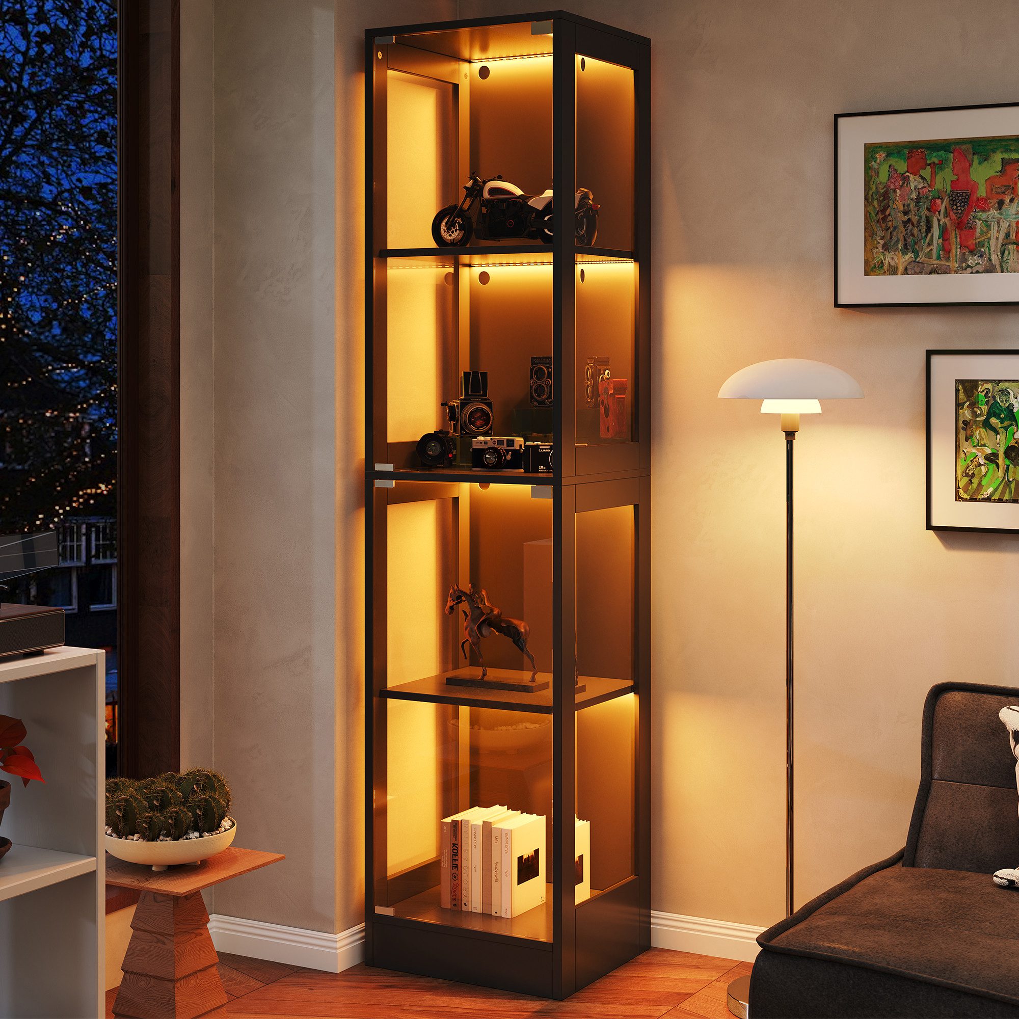 Merax Glasvitrine Vitrine mit LED-Licht, 2 Tür (1-St., Multifunktionaler Vitrinen mit 4 Ebenen, Vitrinenschrank) für Wohnzimmer, Arbeitszimmer