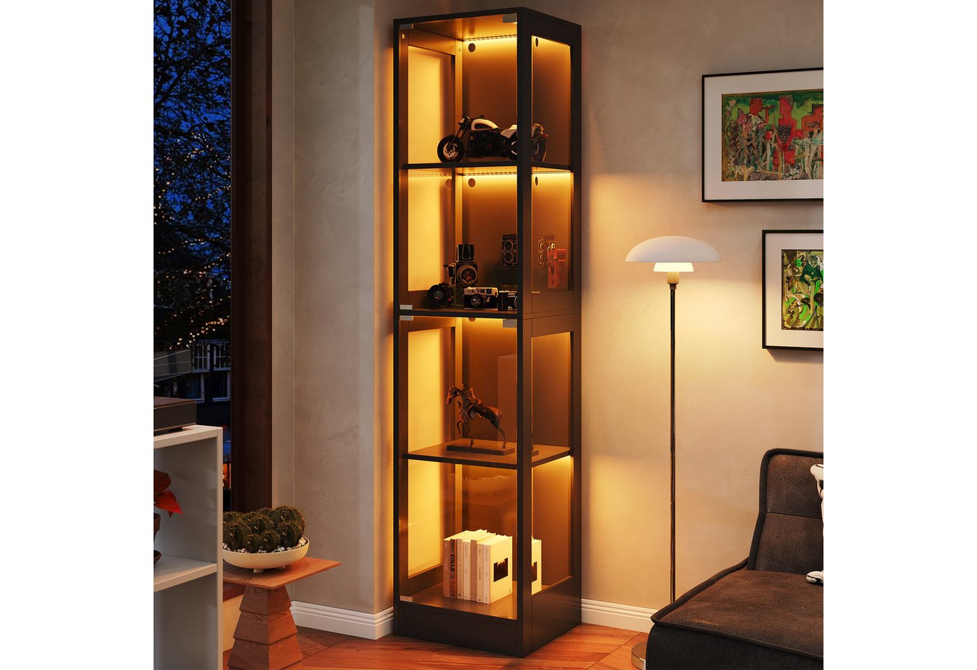 Merax Glasvitrine Vitrine mit LED-Licht, 2 Tür (1-St., Multifunktionaler Vitrinen mit 4 Ebenen, Vitrinenschrank) für Wohnzimmer, …