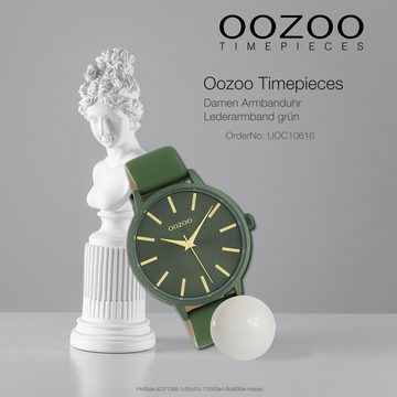 OOZOO Quarzuhr Oozoo Damen Armbanduhr grün, (Analoguhr), Damenuhr rund, groß (ca. 42mm) Lederarmband, Fashion-Style