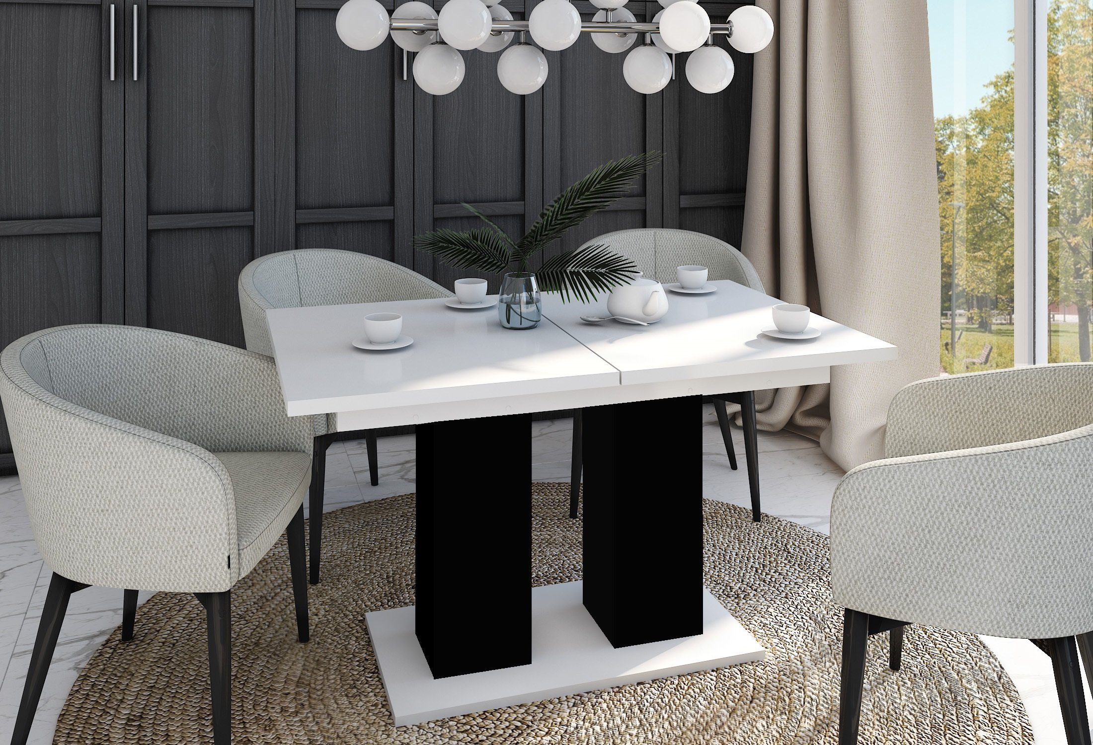 designimpex Esstisch Design Tisch DE-1 Weiß Hochglanz - Schwarz matt ausziehbar 130 bis 170 Weiß Hochglanz / Schwarz Hochglanz