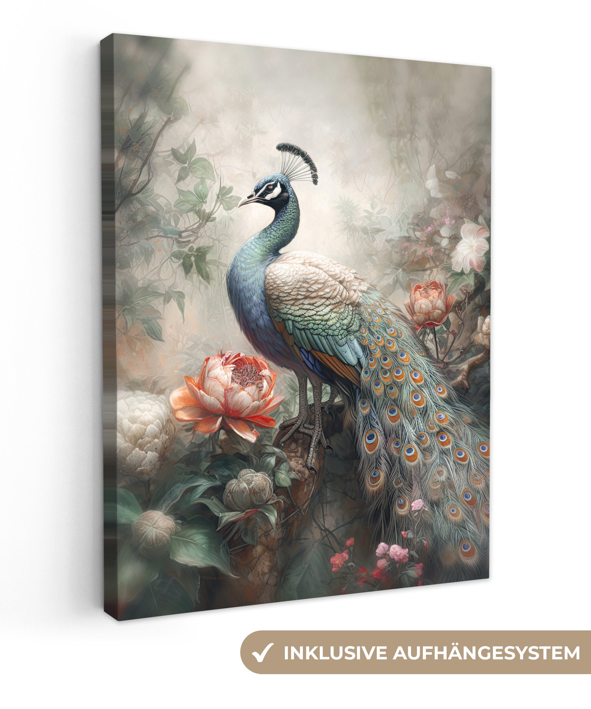 OneMillionCanvasses® Leinwandbild Pfau - Pfauenfedern - Vogel - Dschungel - Blumen, Fotodruck (1 St), Leinwand Bilder für Wohnzimmer Schlafzimmer 50x70 cm