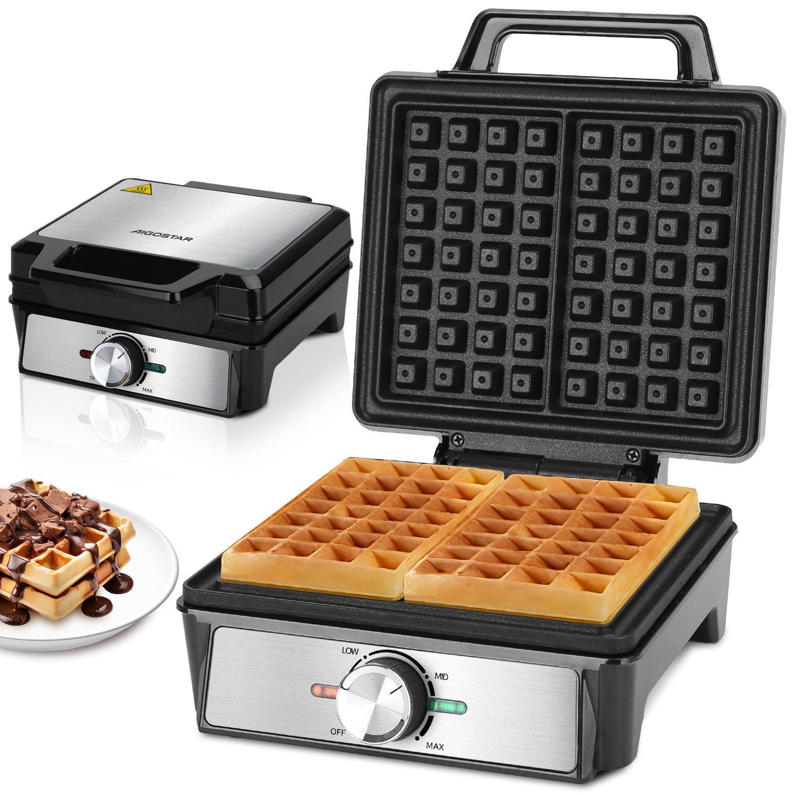 Aigostar Waffeleisen für 2 belgische Waffeln, Waffelautomat mit einstellbarer Temperatur, 1600 W, Waffelautomat mit einstellbarer Temperatur, LED-Anzeige