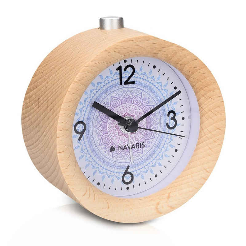 Navaris Wecker Analog Holz Wecker mit Snooze - Retro Uhr Rund mit Design Ziffernblatt Alarm Licht - Leise Tischuhr ohne Ticken - Naturholz