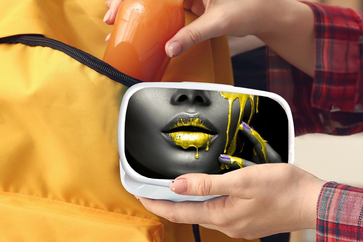 Brotdose, - Lunchbox Lippen - für für MuchoWow und Kinder Brotbox Schwarz, weiß und Erwachsene, Jungs Mädchen Gelb Kunststoff, (2-tlg),