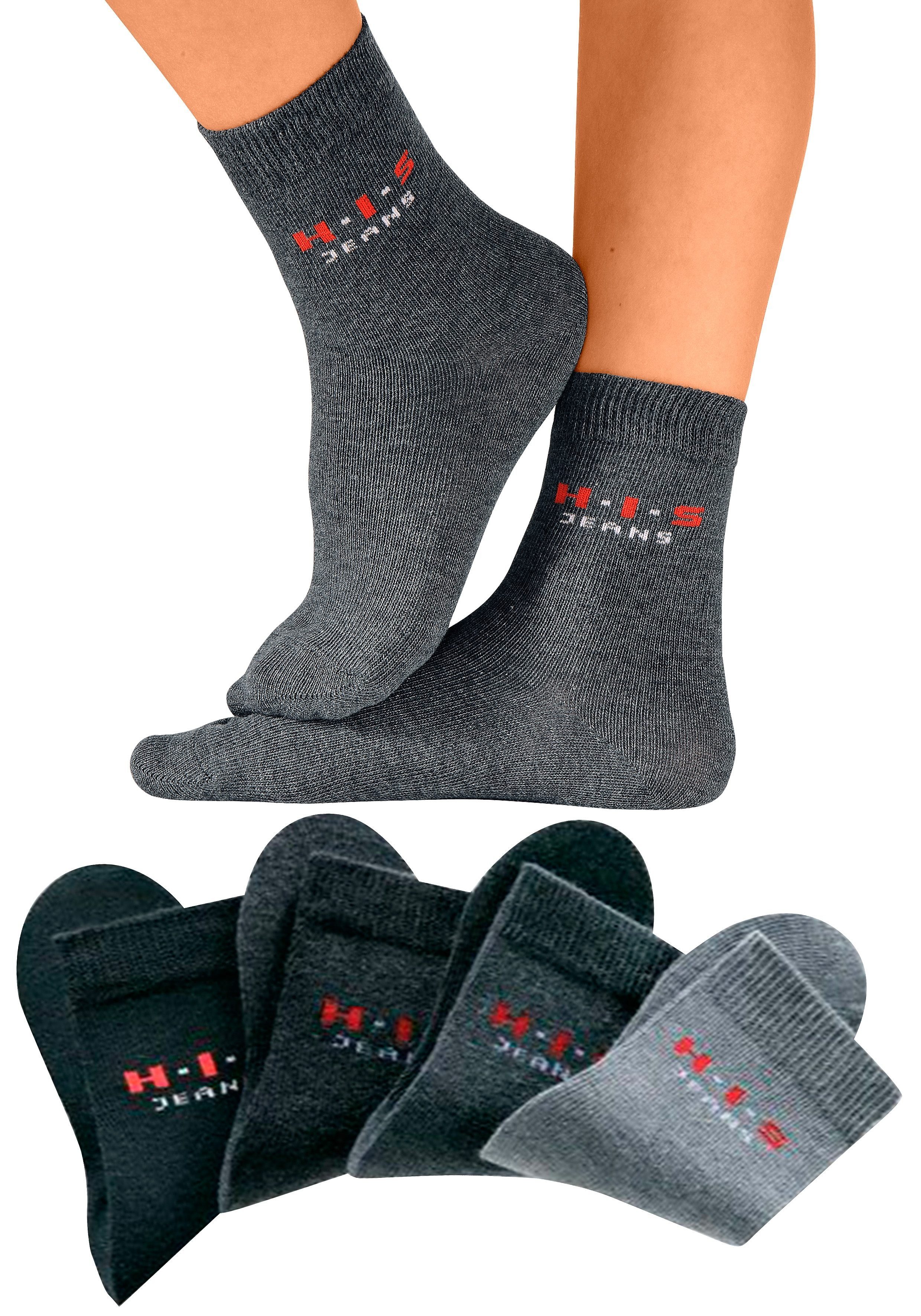 H.I.S Basicsocken Kinder Damen Herren Socken natürliche Baumwolle (Packung, 4-Paar, Gr. 19-22 bis 43-46) mit kontrasfarbenem Logo