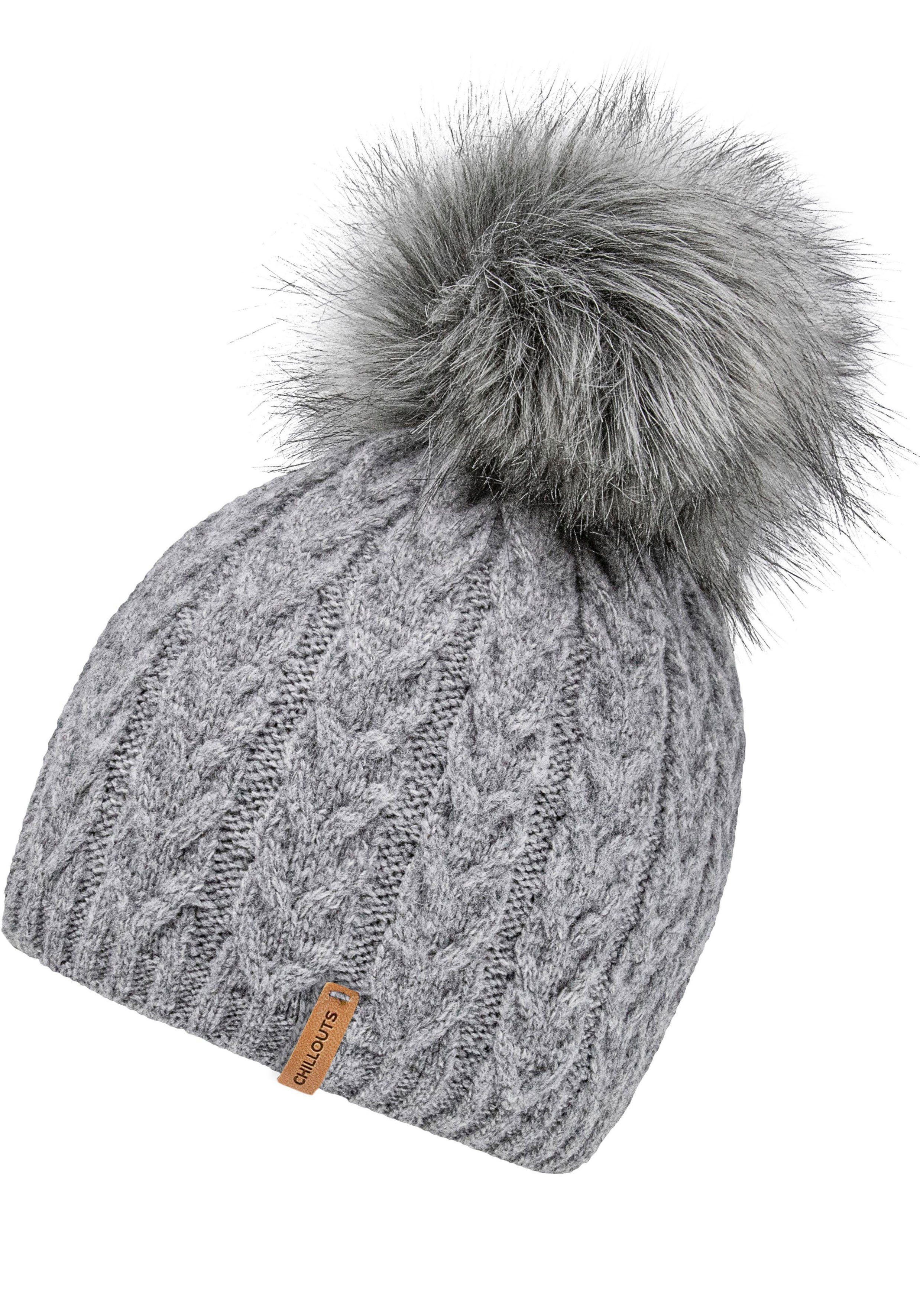 chillouts Bommelmütze Tabea Fellimitat-Pom Pom, Abnehmbarer grey Hat Zopfmuster