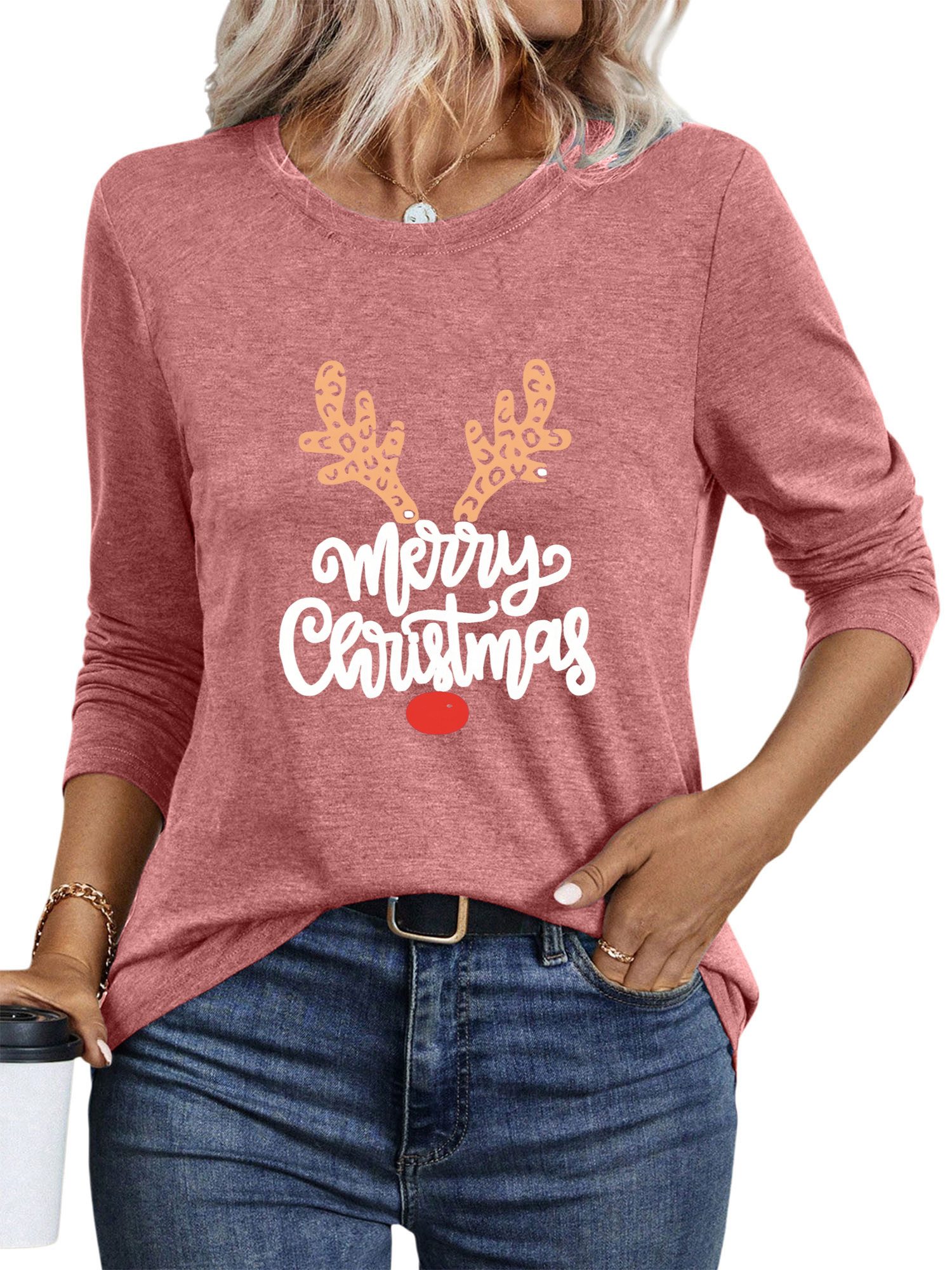 PYLIKE Print-Shirt Damen Rundhalsshirt mit Weihnachts-Rentiergeweih Print Weihnachts-Sonderanfertigungen