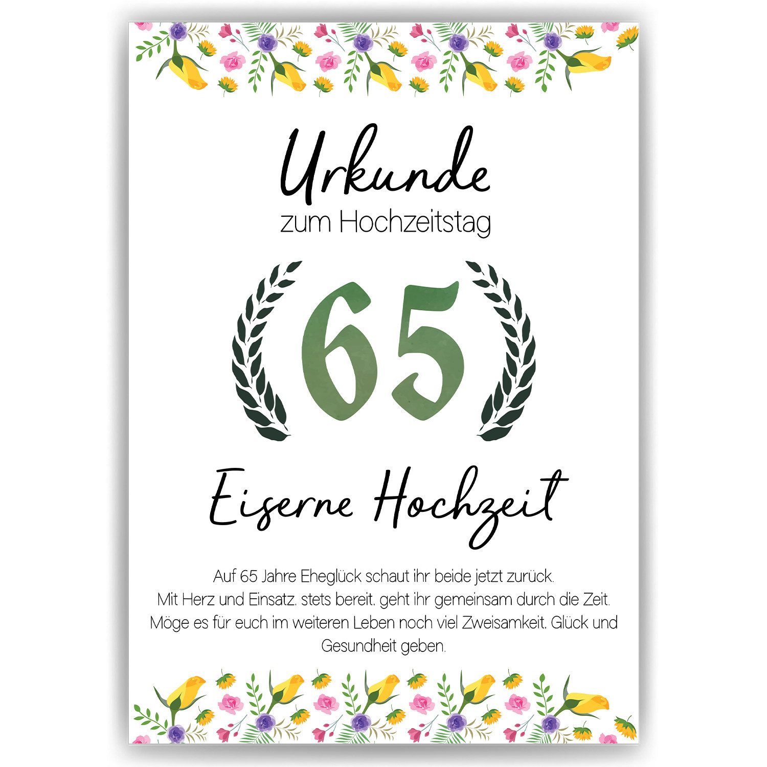 Tigerlino Poster 65. Hochzeitstag Geschenk Eiserne Hochzeit Urkunde Deko günstig online kaufen