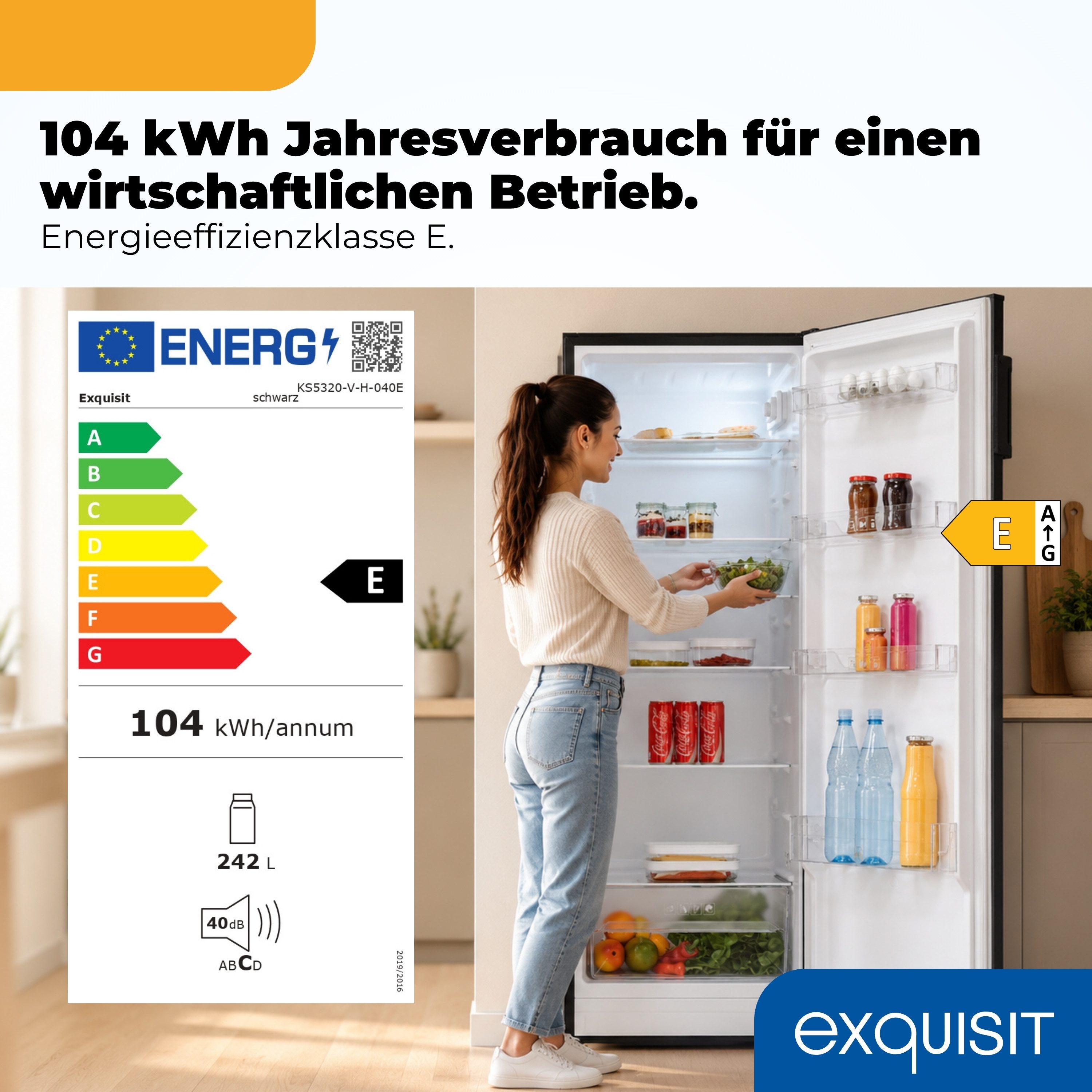 exquisit Vollraumkühlschrank KS5320-V-H-040E, 142.6 cm hoch, 54.4 cm breit, 242 Liter, 5 Glasablagen, 4Türablagen, 40 db, Türanschlag wechselbar