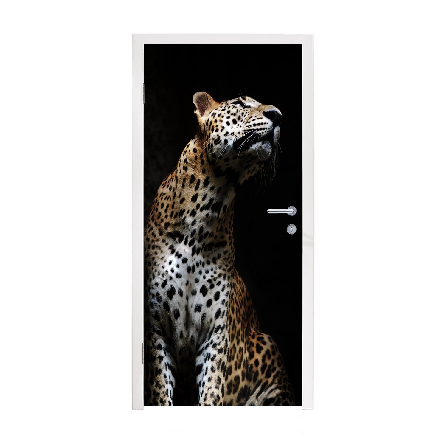 MuchoWow Türtapete Leopard - Schwarz - Farbton, Matt, bedruckt, (1 St), Selbstklebende Tapete, Folie für Möbel, 75x205 cm