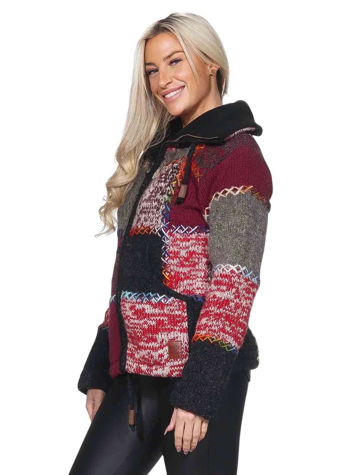 KUNST UND MAGIE Strickjacke Damen Strickjacke Wolle Bunte Patchwork Jacke Fleecefutter Hochkragen