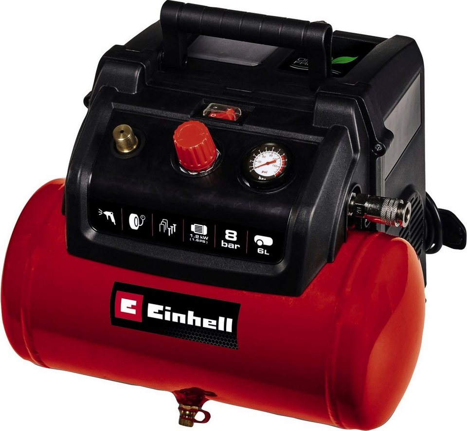 Einhell Kompressor TC-AC 190/6/8 OF, 1200 W, max. 8 bar, Set, Ölfreier,  service-freier Motor für einen geringen Wartungsaufwand