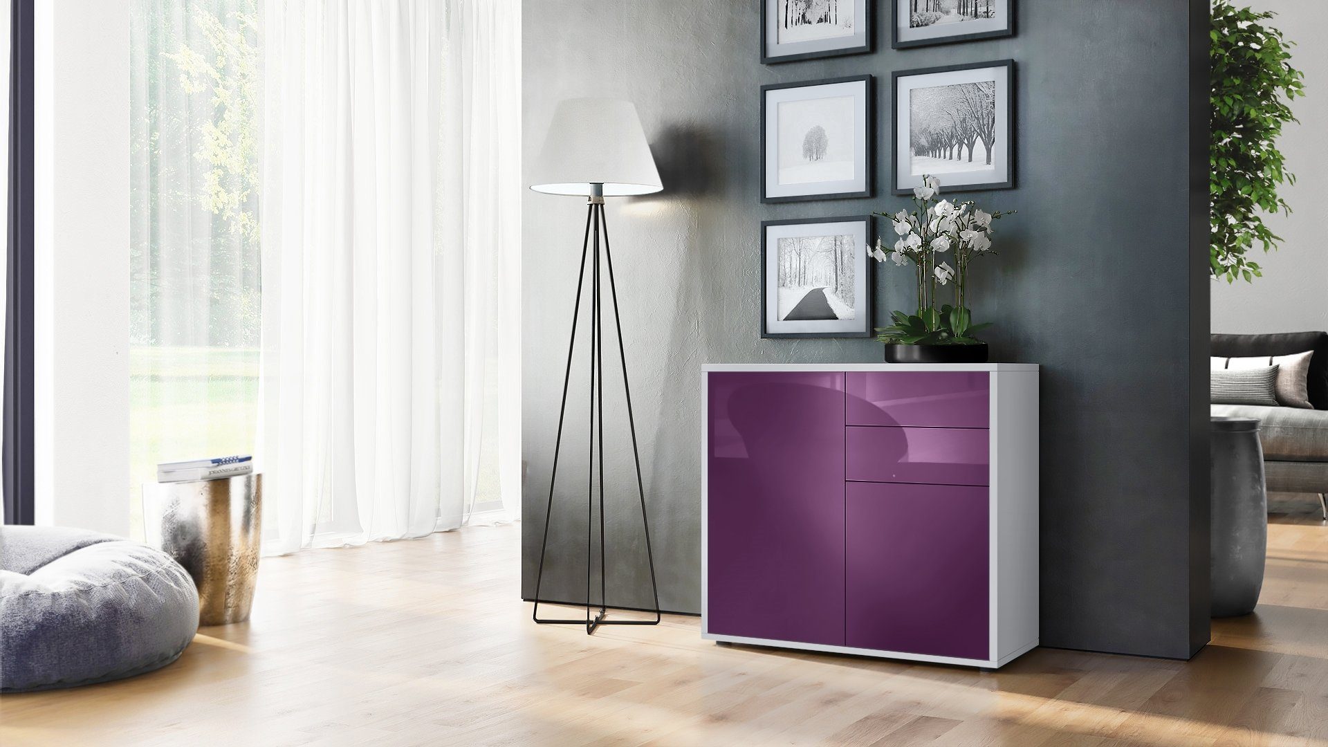 Vladon Kommode Ben V1 (Kommode, mit 2 Türen und 2 Schubladen), Weiß matt/Brombeer Hochglanz(79 x 74 x 36 cm)