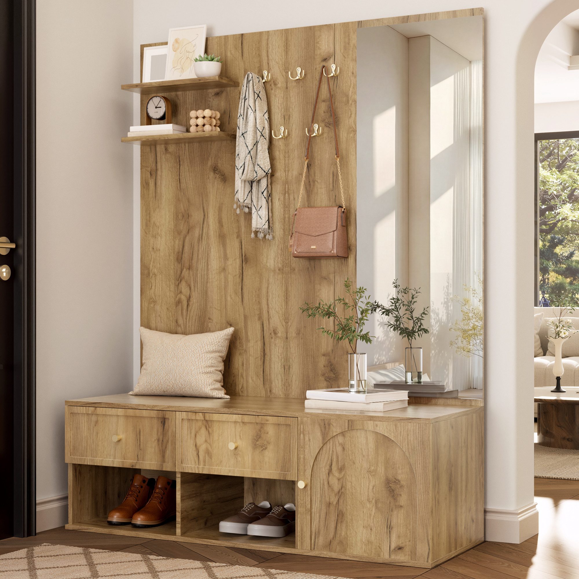 i@home Wandgarderobe Garderobenset für den Flur, Wandgarderobe mit Schublade, inklusive Spiegel und Schuhbank, Holzoptik, 120 × 35 × 159 cm