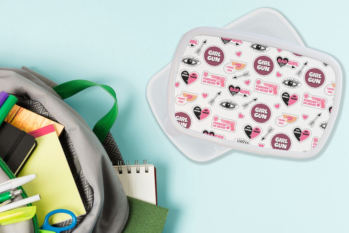 Kunststoff, und für Herzen Kinder - - Rosa Brotdose, MuchoWow und für Design, Mädchen Lunchbox - Erwachsene, Brotbox Mädchen (2-tlg), Jungs weiß