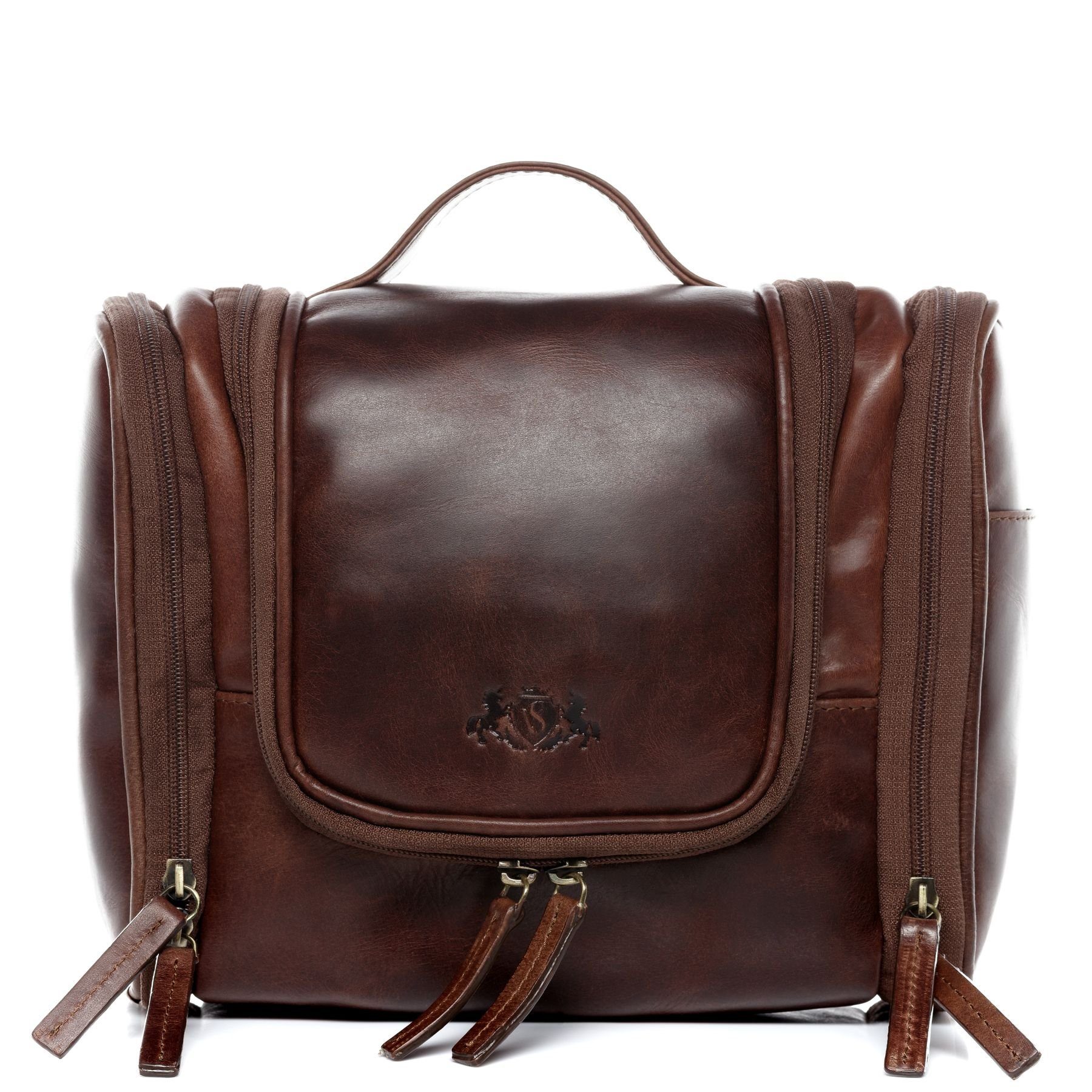 SID & VAIN Kulturbeutel echt Leder Kulturtasche zum Aufhängen braun Dexter, Waschbeutel Echtleder für Damen & Herren, Kosmetiktasche braun-cognac