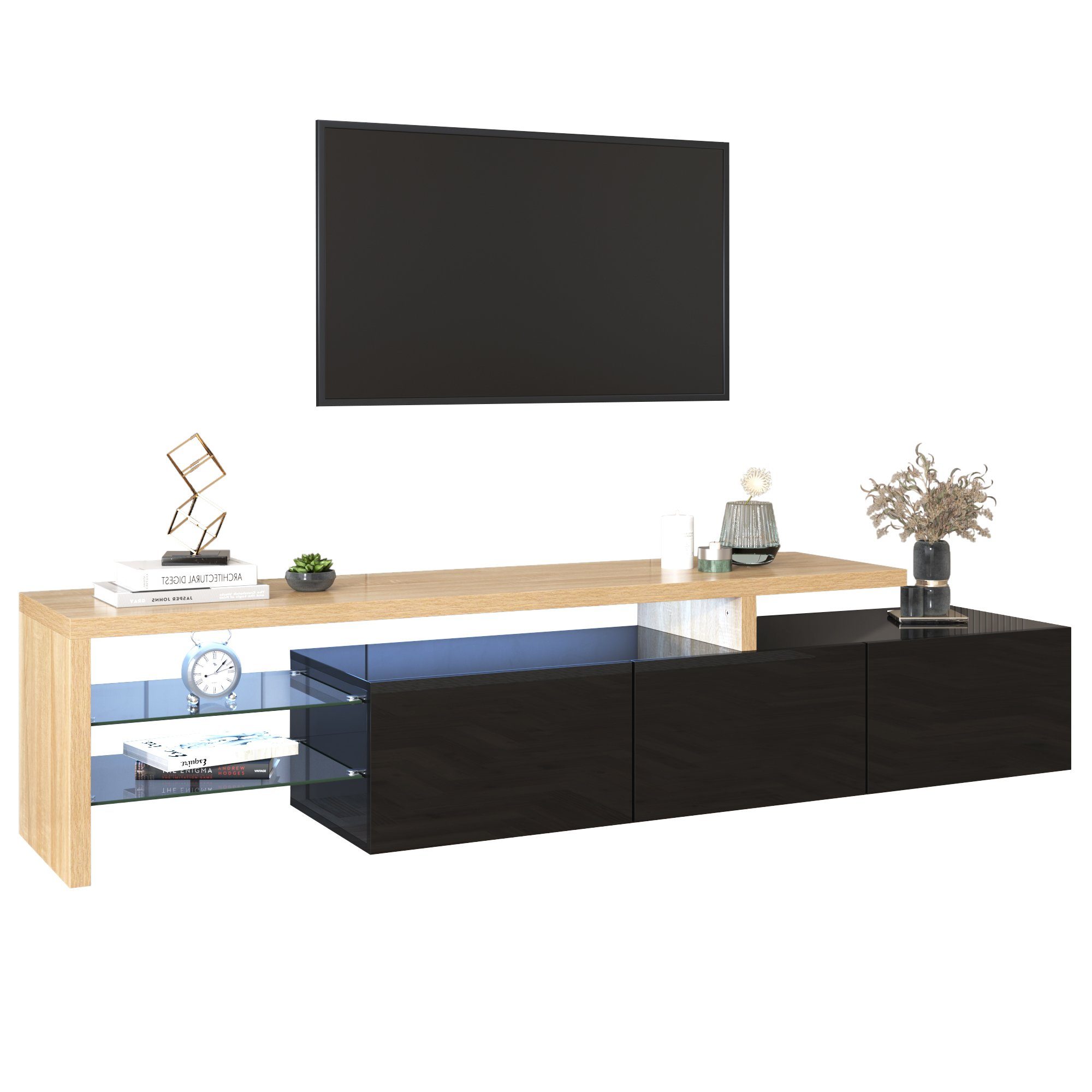 REDOM Lowboard (mit Modernes LED-Beleuchtung), 197.50 Breite Schwraz TV-Schrank-Design cm