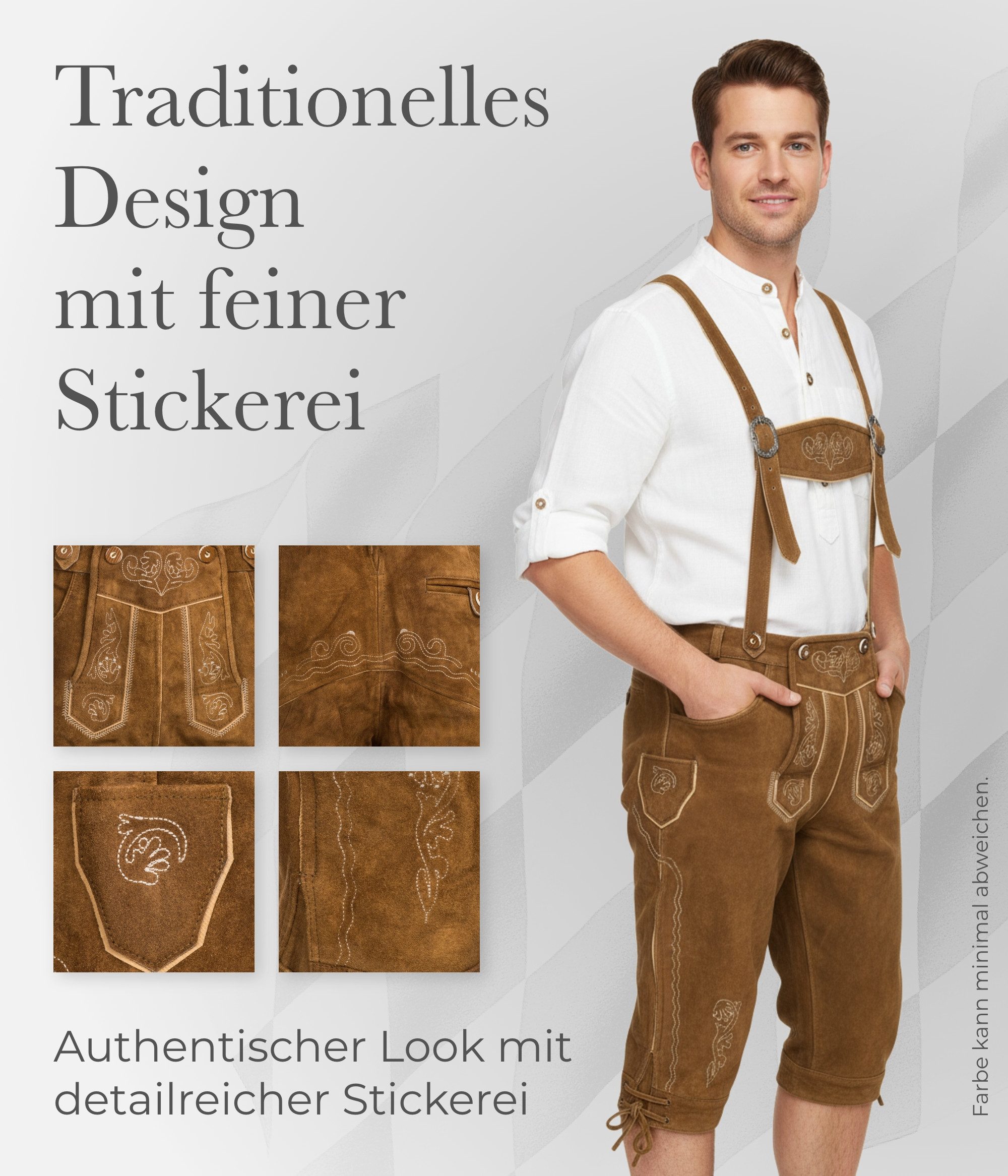 Spirit of Bavaria Trachtenlederhose aus 100% Echtleder I Lederhose Herren mit Träger I Tracht Hose Männer (I Traditionelle Trachtenlederhose für Herren, I Kniebund Oktoberfest Outfit Trachtenhose 506)
